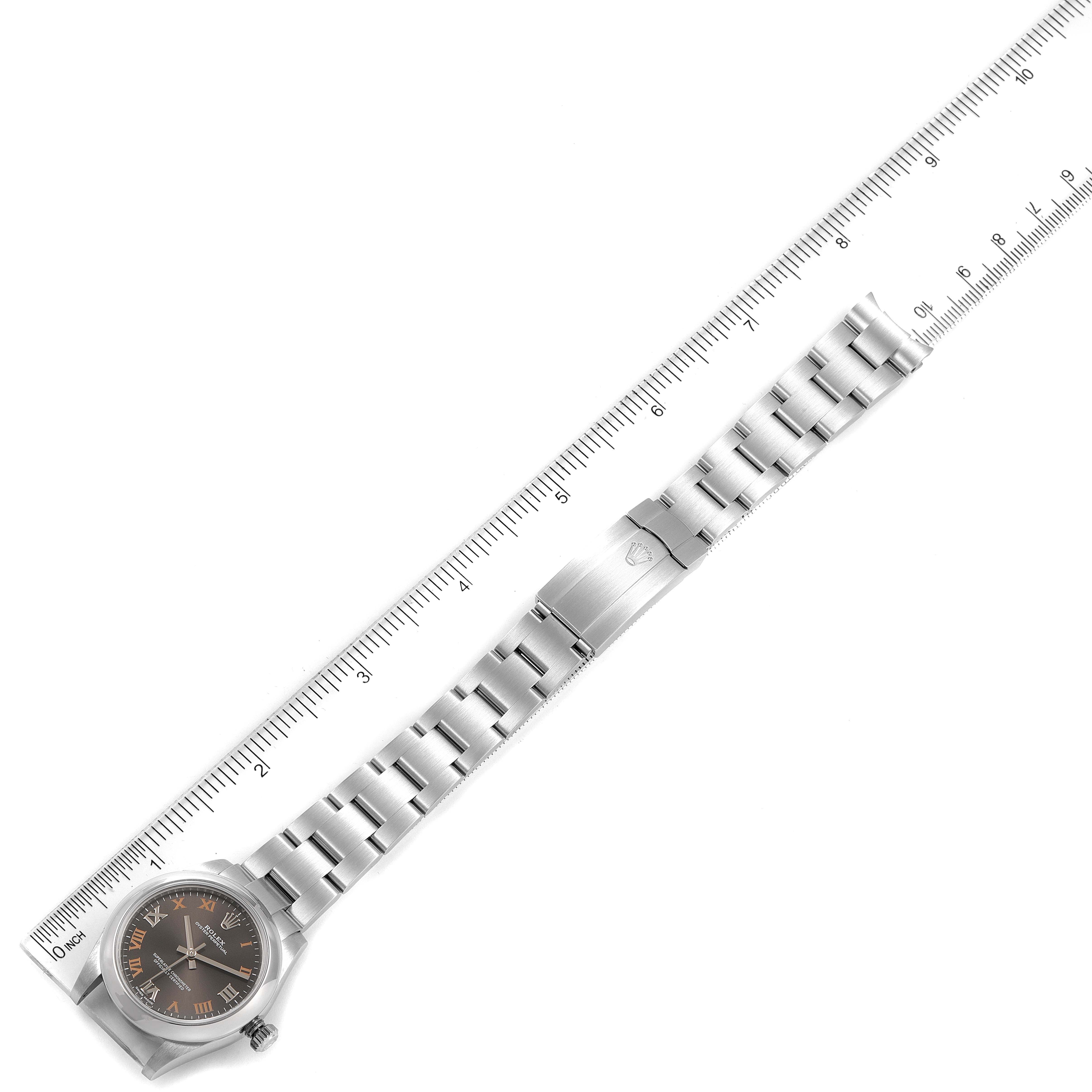 This image shows a top-down view of the Rolex Mid-Size 177200 Women's Stainless Steel Grey Dial 177200 Women's Stainless Steel Grey Dial watch, including the face, bracelet, and clasp.