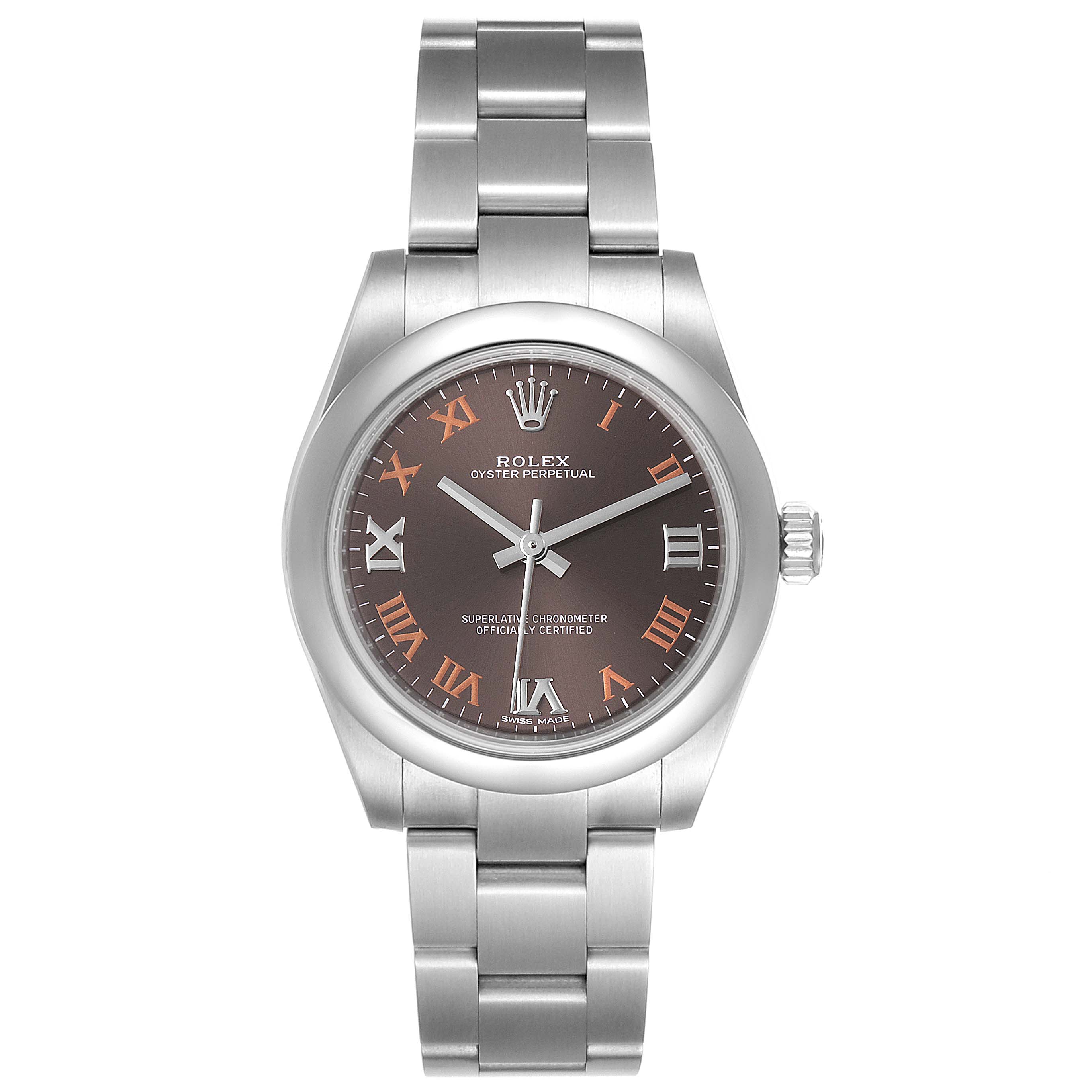 The image shows a top-down view of a Rolex Oyster Perpetual Mid-Size watch, highlighting the dial, bracelet, and bezel.