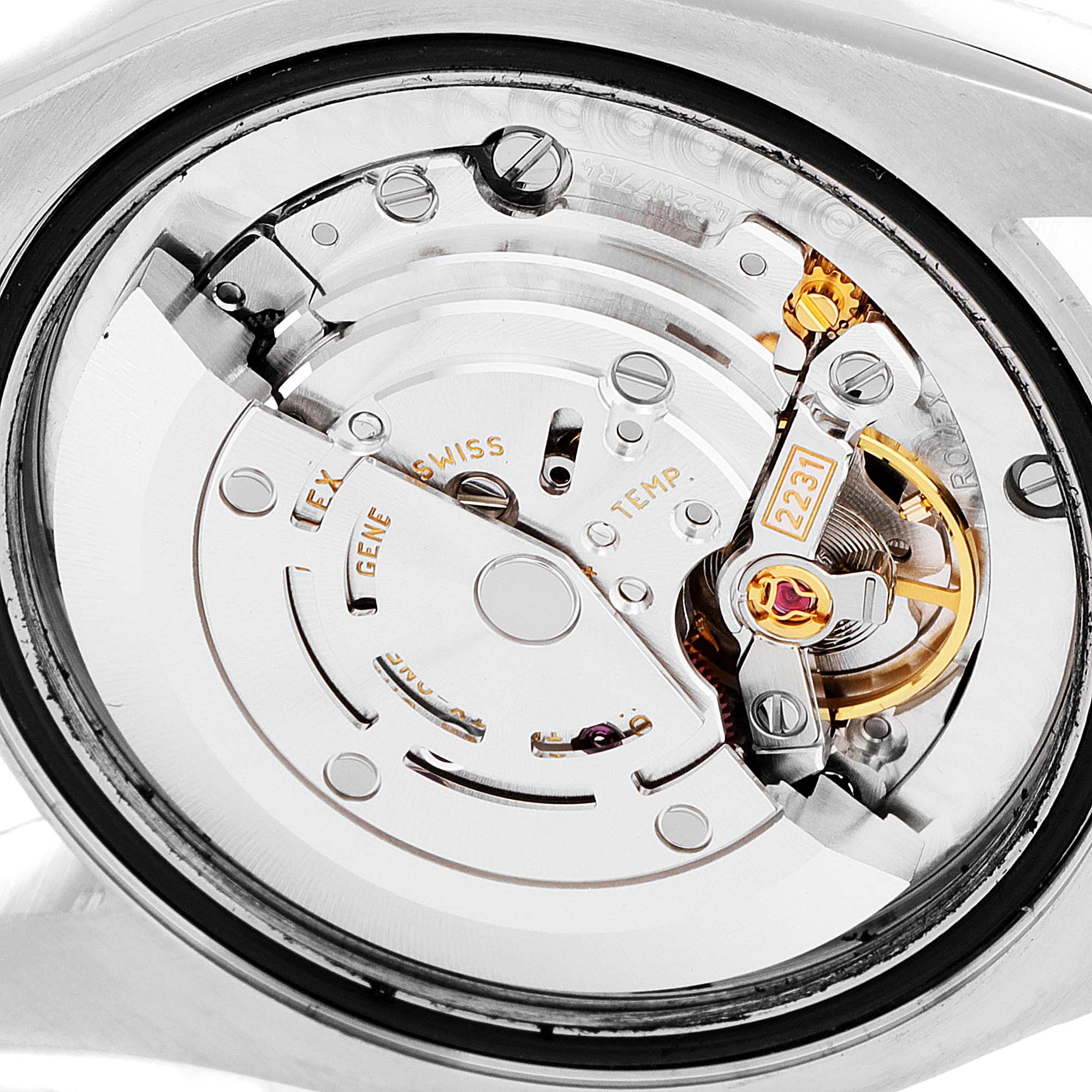 This image shows a close-up view of the Rolex Mid-Size 177200 Women's Stainless Steel Grey Dial 177200 Women's Stainless Steel Grey Dial model watch's internal movement and mechanism from the rear angle.