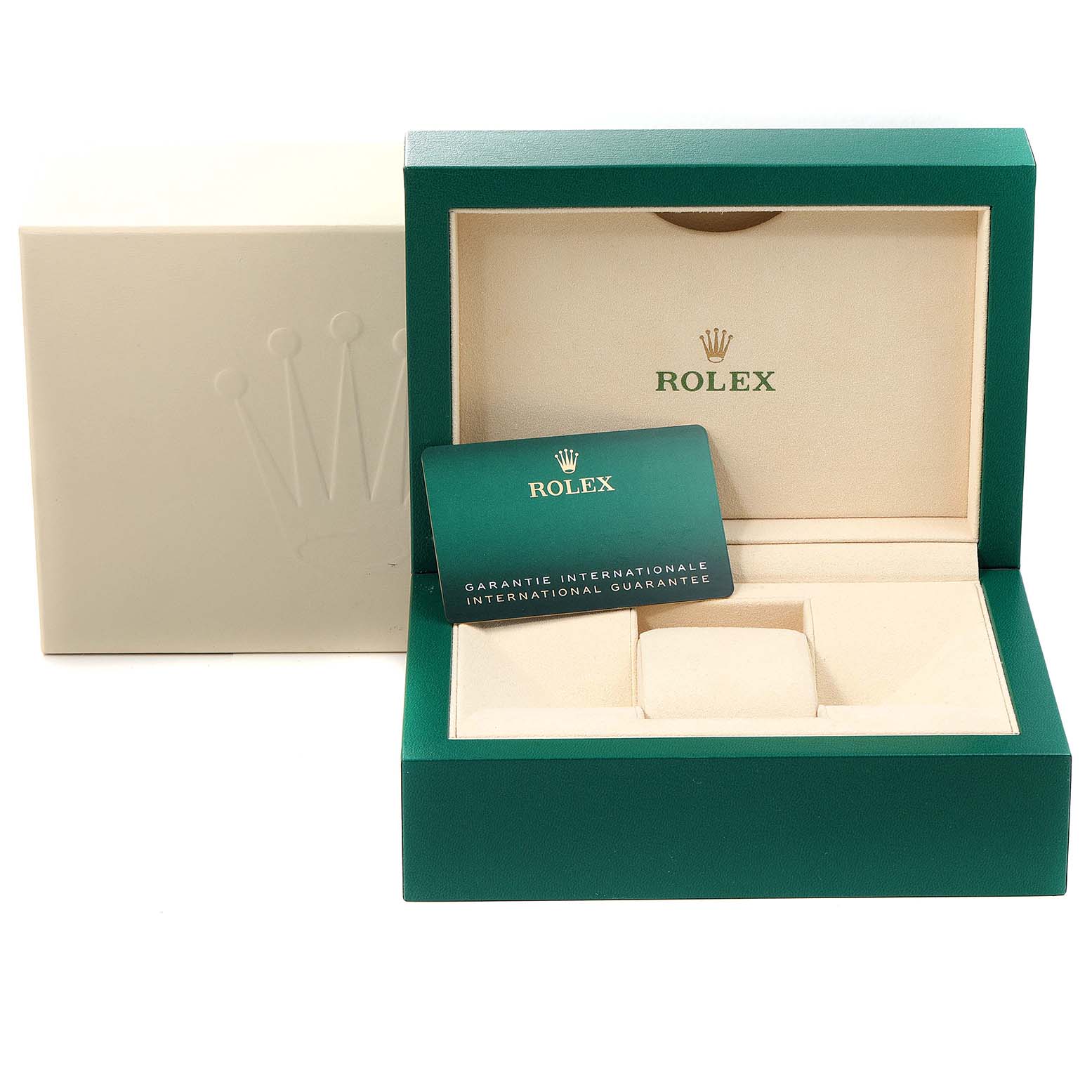 The image shows a Rolex Mid-Size 177200 Women's Stainless Steel Grey Dial 177200 Women's Stainless Steel Grey Dial model watch box, including the outer box, inner box, and an international guarantee card.