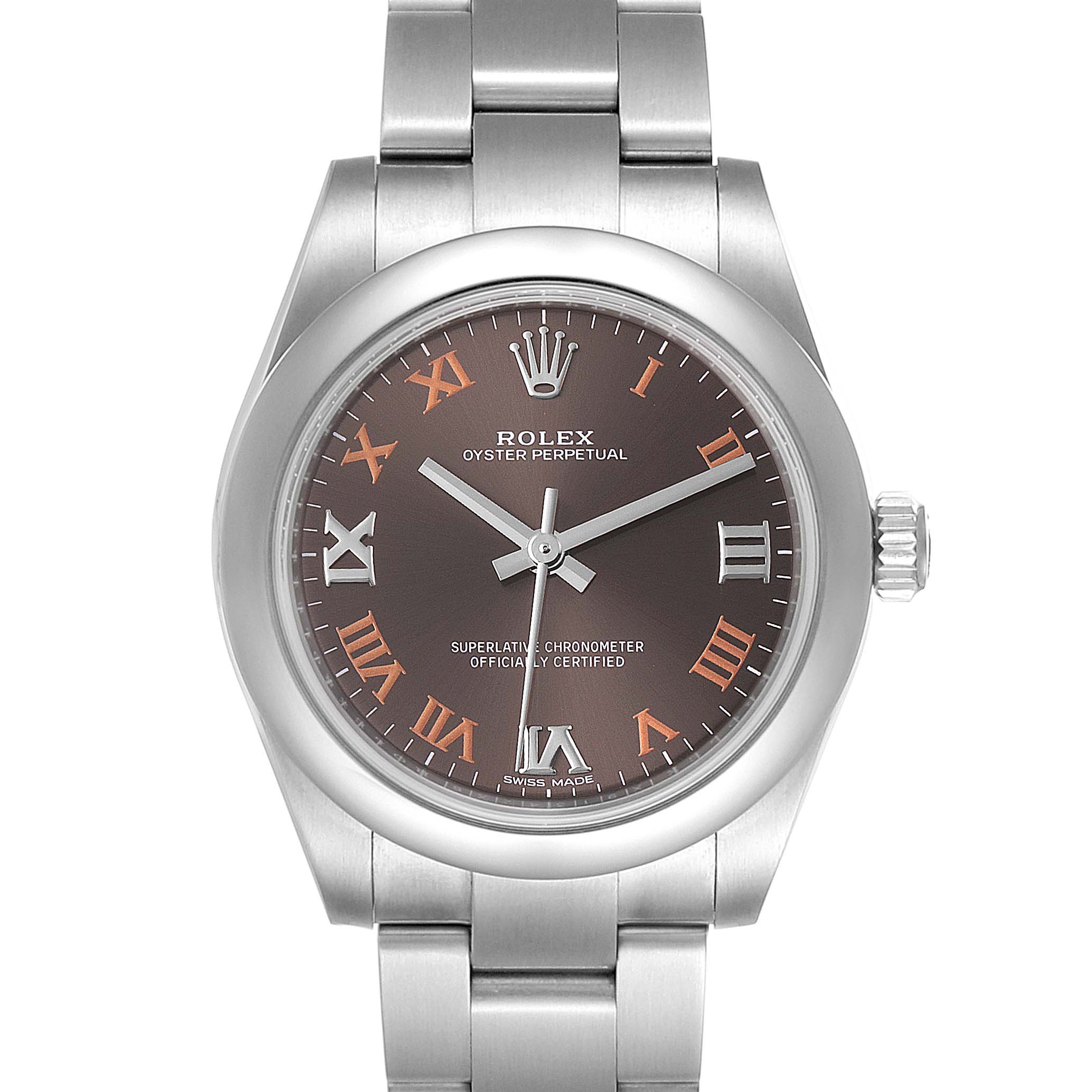 The image shows a front view of a Rolex Oyster Perpetual Mid-Size watch, featuring a stainless steel bracelet and a brown dial with orange Roman numerals.