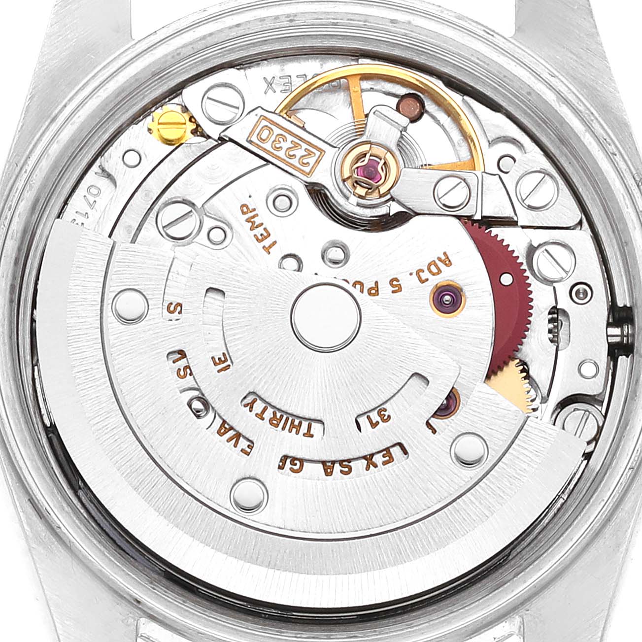 This image shows the Rolex Oyster Perpetual 76094 Women
s Stainless Steel Pink Dial 76094 Women
s Stainless Steel Pink Dial watch movement viewed from the back with intricate inner components visible.