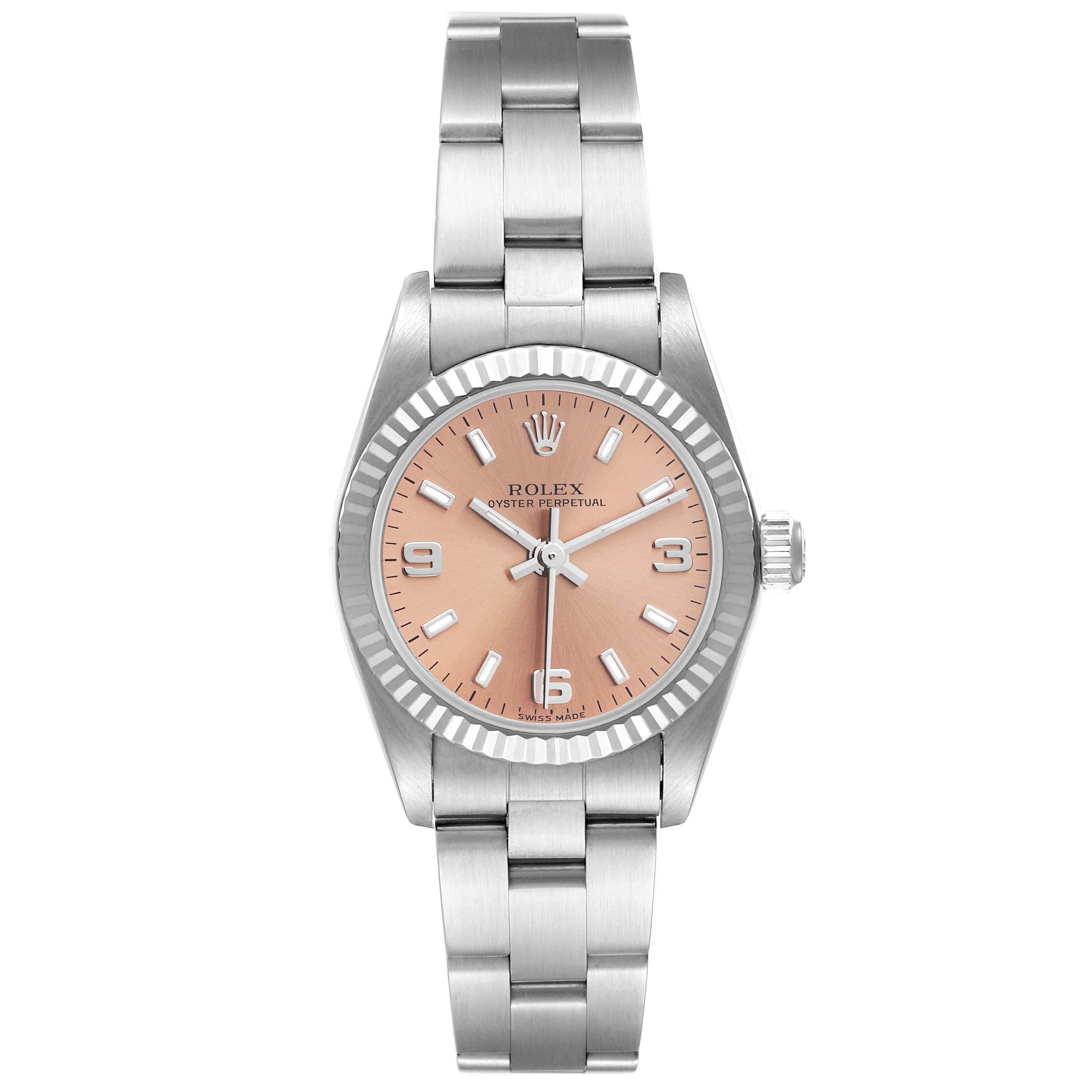 This Rolex Oyster Perpetual 76094 Women
s Stainless Steel Pink Dial 76094 Women
s Stainless Steel Pink Dial watch is shown from a front angle displaying the face, bezel, and bracelet.