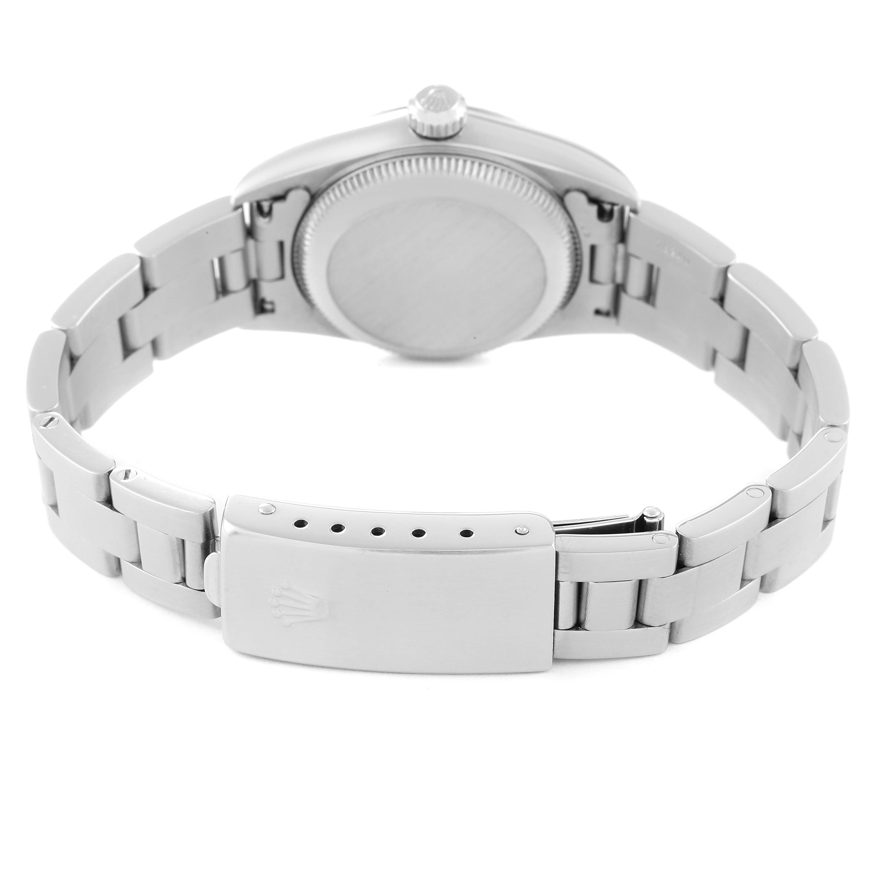 This image shows the back and clasp of a Rolex Oyster Perpetual 76094 Women
s Stainless Steel Pink Dial 76094 Women
s Stainless Steel Pink Dial watch.