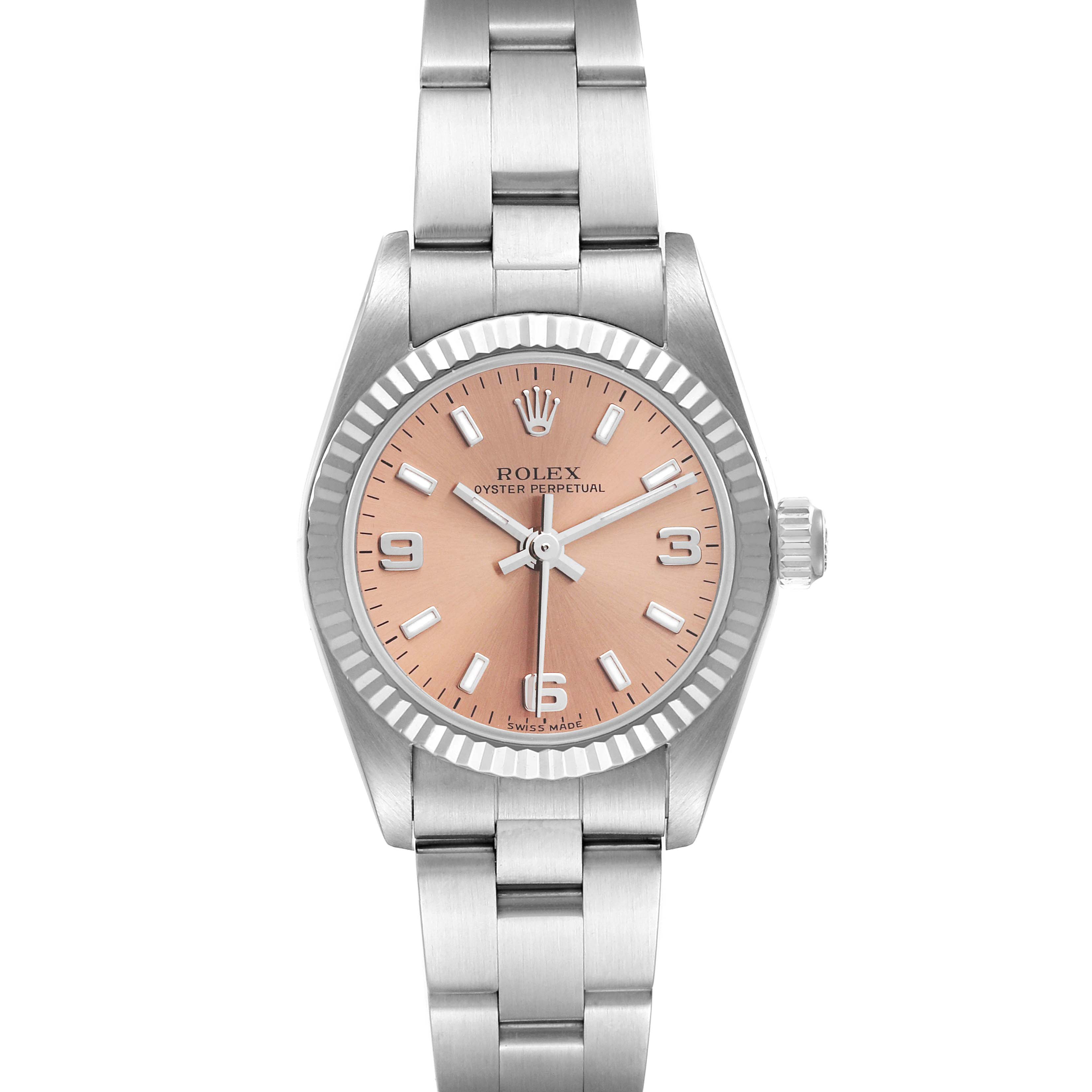 This Rolex Oyster Perpetual 76094 Women
s Stainless Steel Pink Dial 76094 Women
s Stainless Steel Pink Dial watch is displayed from a front-facing angle, showing its dial, bezel, and bracelet.