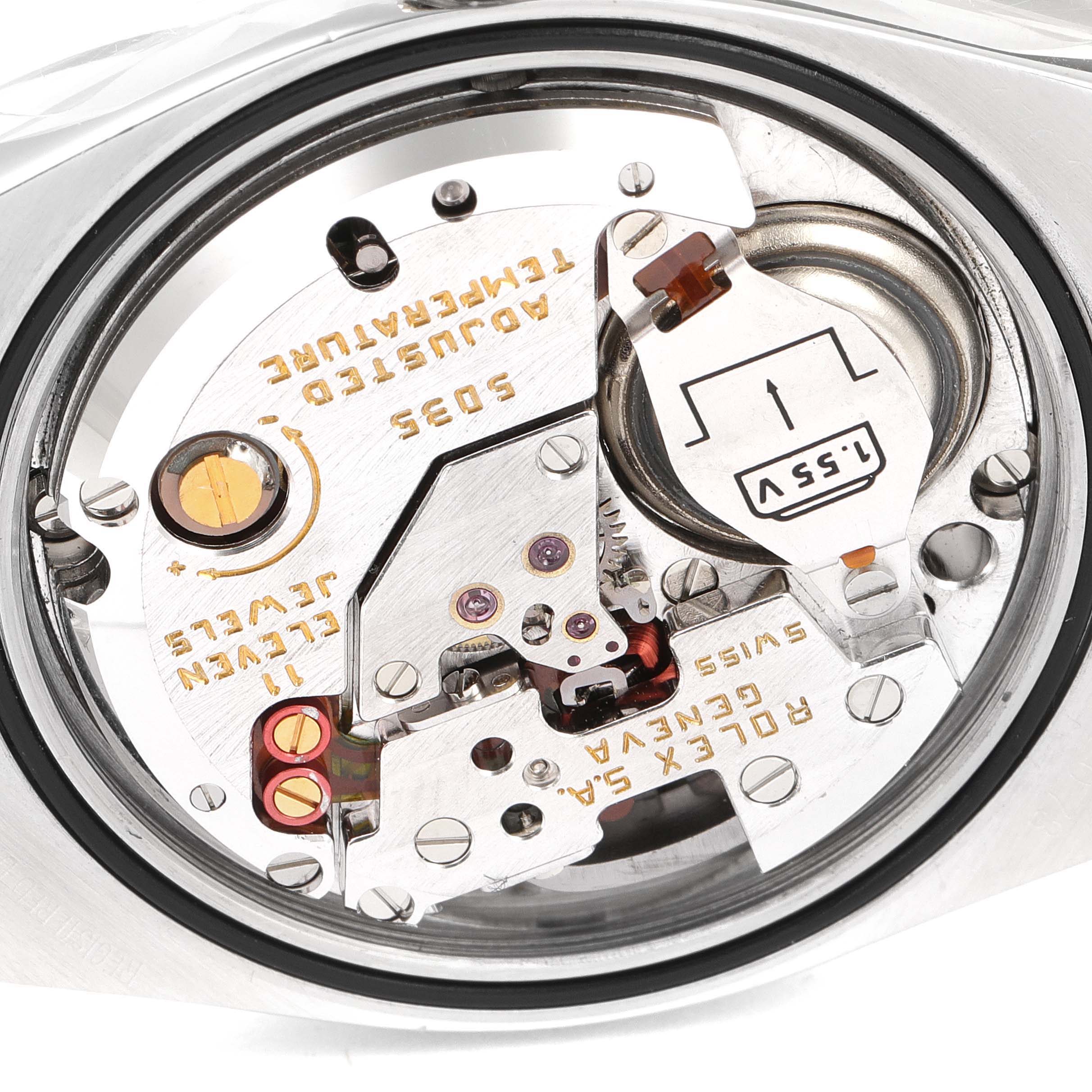 This image shows an inside view of the Rolex Oysterquartz 17013 Men's Steel and Gold (two tone) Silver Dial 17013 Men's Steel and Gold (two tone) Silver Dial model's movement and internal mechanism components.