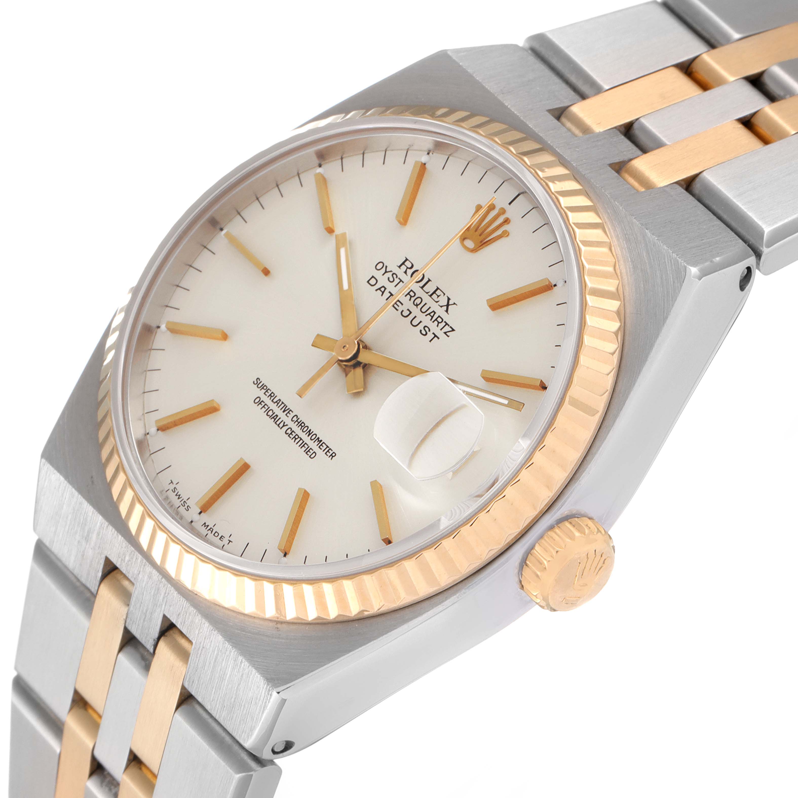 This Rolex Oysterquartz 17013 Men's Steel and Gold (two tone) Silver Dial 17013 Men's Steel and Gold (two tone) Silver Dial watch is shown at an angle displaying the dial, bezel, crown, and part of the bracelet.