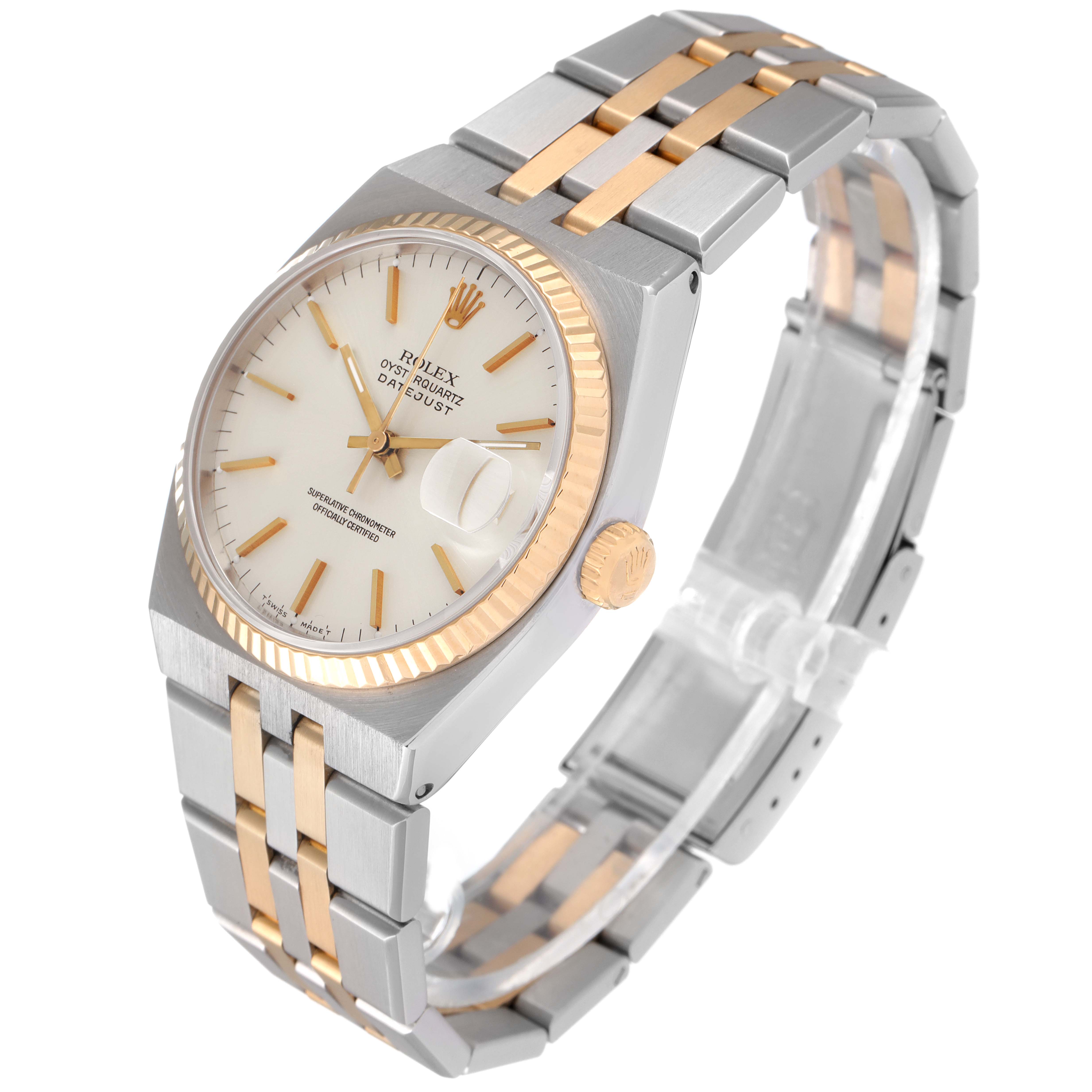 The Rolex Oysterquartz 17013 Men's Steel and Gold (two tone) Silver Dial 17013 Men's Steel and Gold (two tone) Silver Dial watch is shown at a three-quarter angle, highlighting its dial, bezel, crown, and two-tone bracelet.