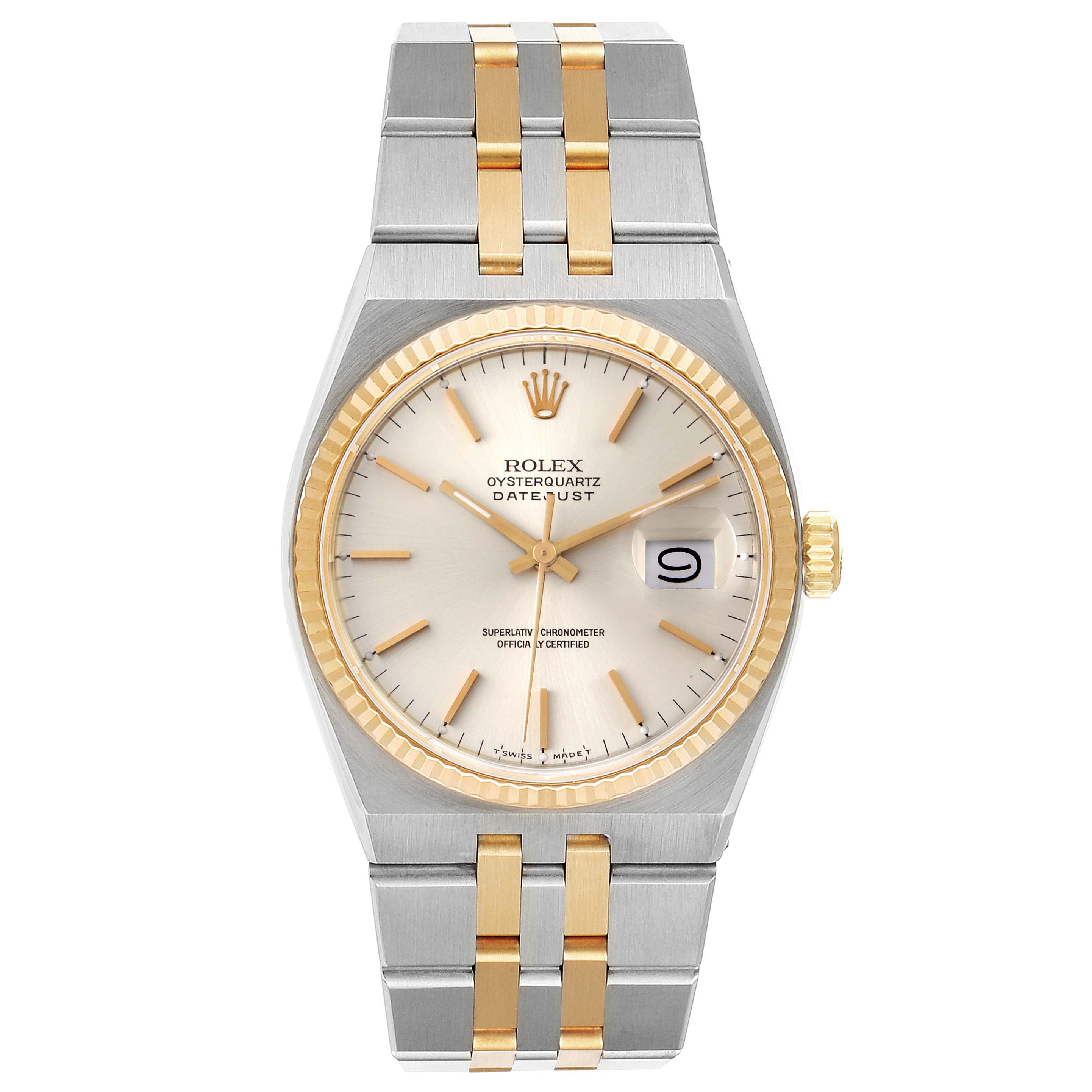 The Rolex Oysterquartz 17013 Men's Steel and Gold (two tone) Silver Dial 17013 Men's Steel and Gold (two tone) Silver Dial model watch is shown from a top-down angle, displaying its face, bezel, and bracelet.