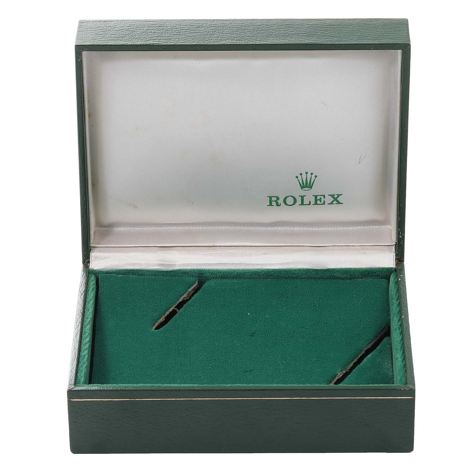 This image shows an open green Rolex watch box for the Oysterquartz model, featuring the brand's logo inside the lid.