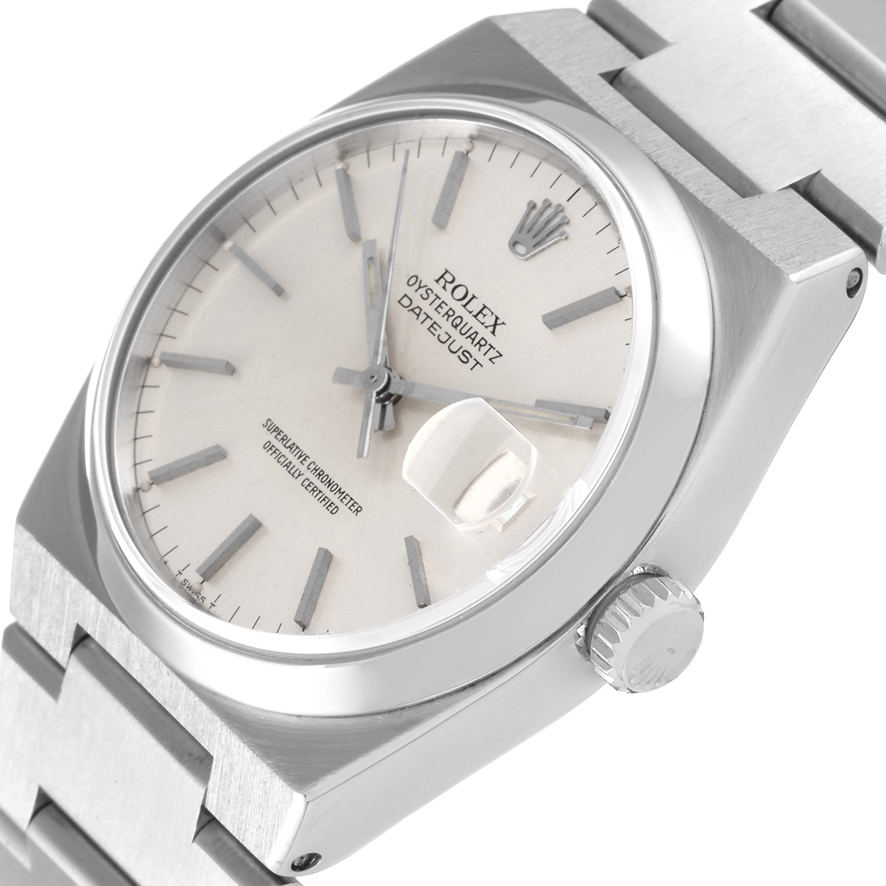The Rolex Oysterquartz 17000 Men's Stainless Steel Silver Dial 17000 Men's Stainless Steel Silver Dial watch is shown at a slight angle, revealing the face, crown, and part of the bracelet.
