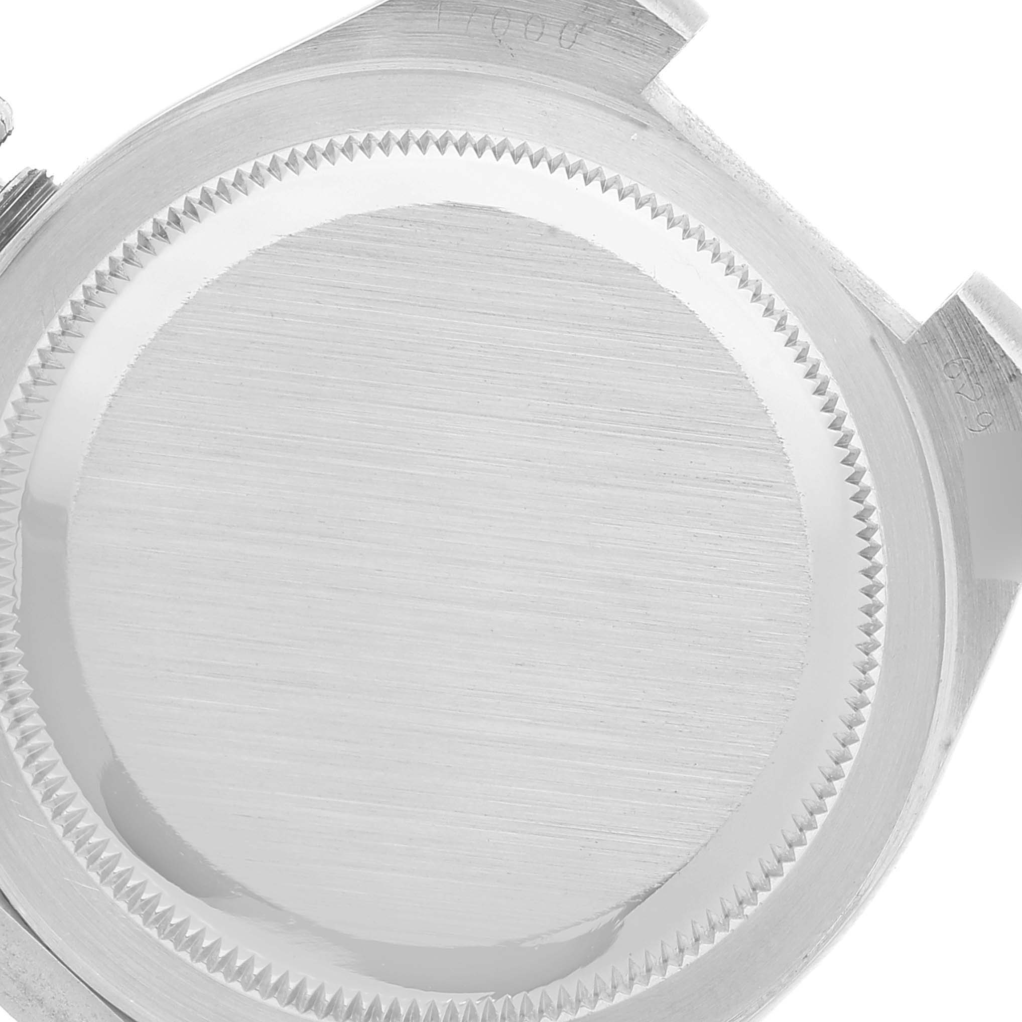 This image shows the case back of a Rolex Oysterquartz 17000 Men's Stainless Steel Silver Dial 17000 Men's Stainless Steel Silver Dial model from the interior view, focusing on the brushed metal finish and threaded edge.
