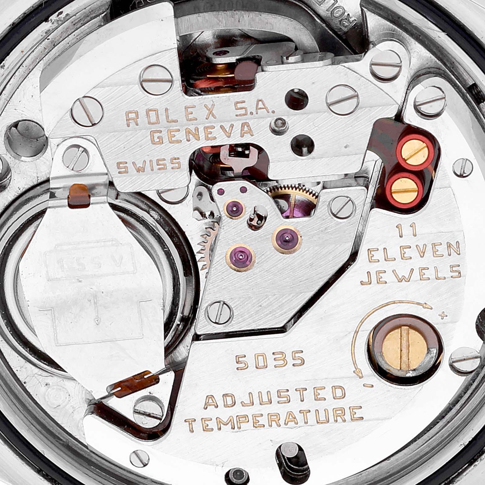 This image shows the detailed internal movement mechanism of the Rolex Oysterquartz 17000 Men's Stainless Steel Silver Dial 17000 Men's Stainless Steel Silver Dial watch model at a close-up angle.