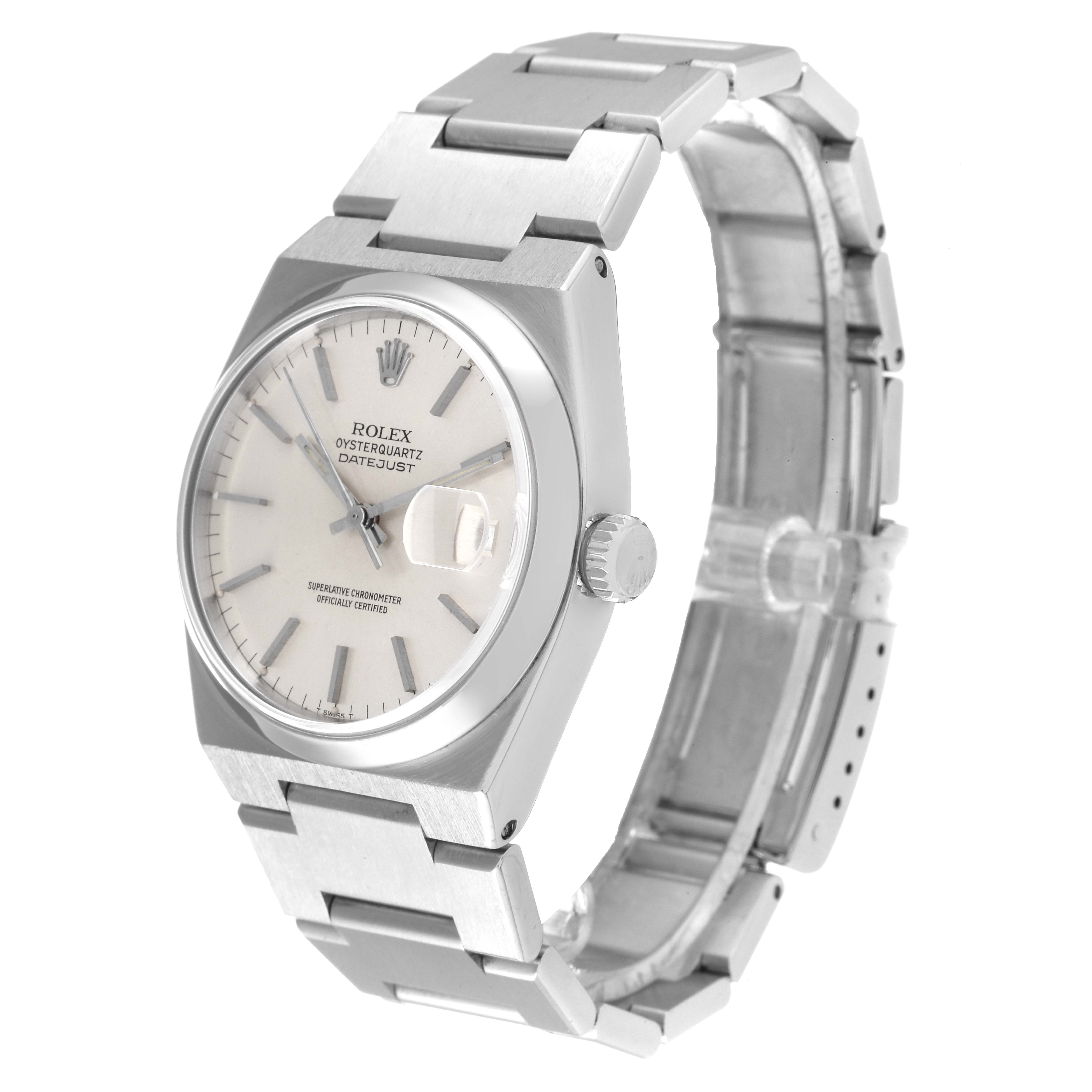 The Rolex Oysterquartz 17000 Men's Stainless Steel Silver Dial 17000 Men's Stainless Steel Silver Dial watch is shown at an angled view displaying the dial, bracelet, and crown.