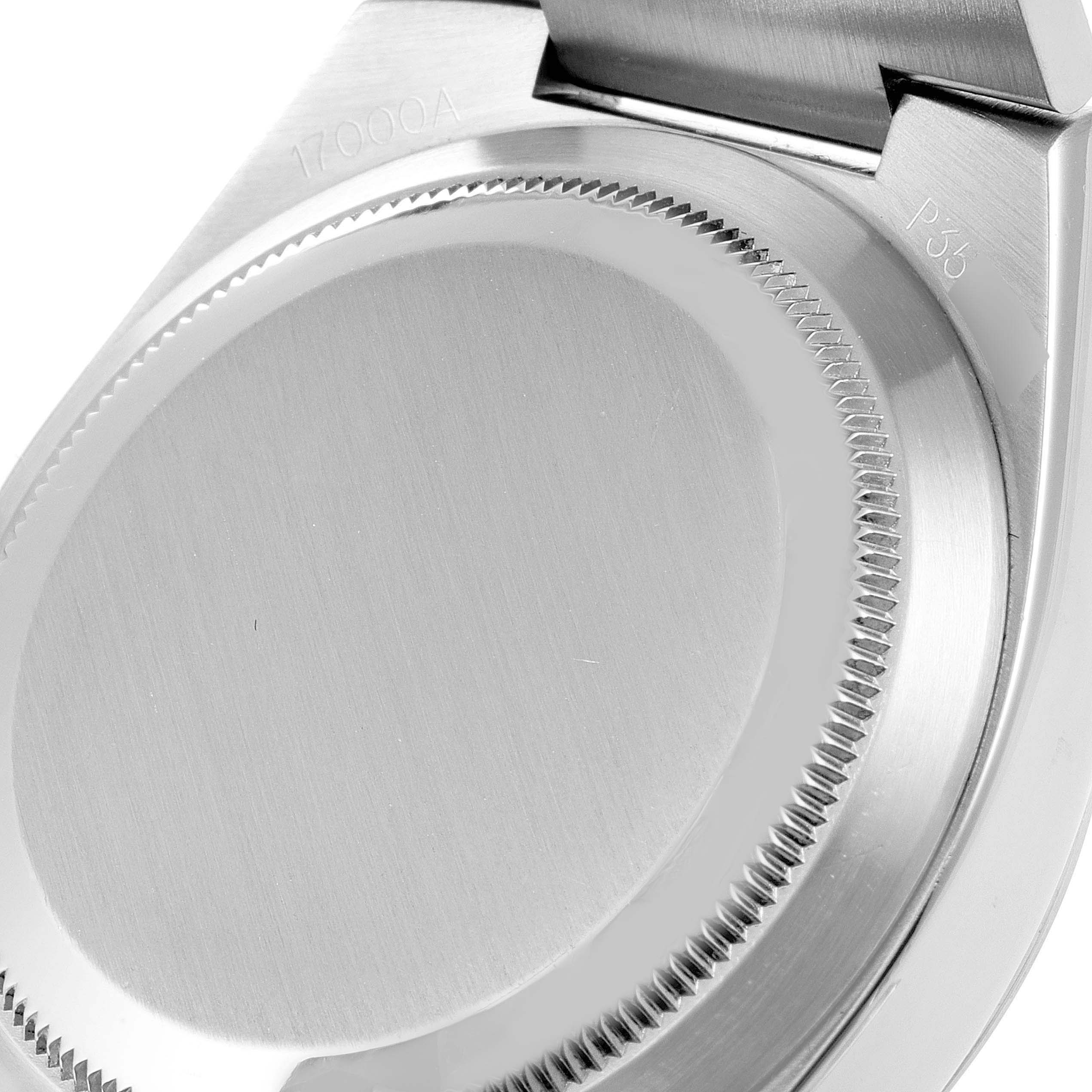 This is a close-up angle of the case back of the Rolex Oysterquartz 17000 Men's Stainless Steel Silver Dial 17000 Men's Stainless Steel Silver Dial watch.
