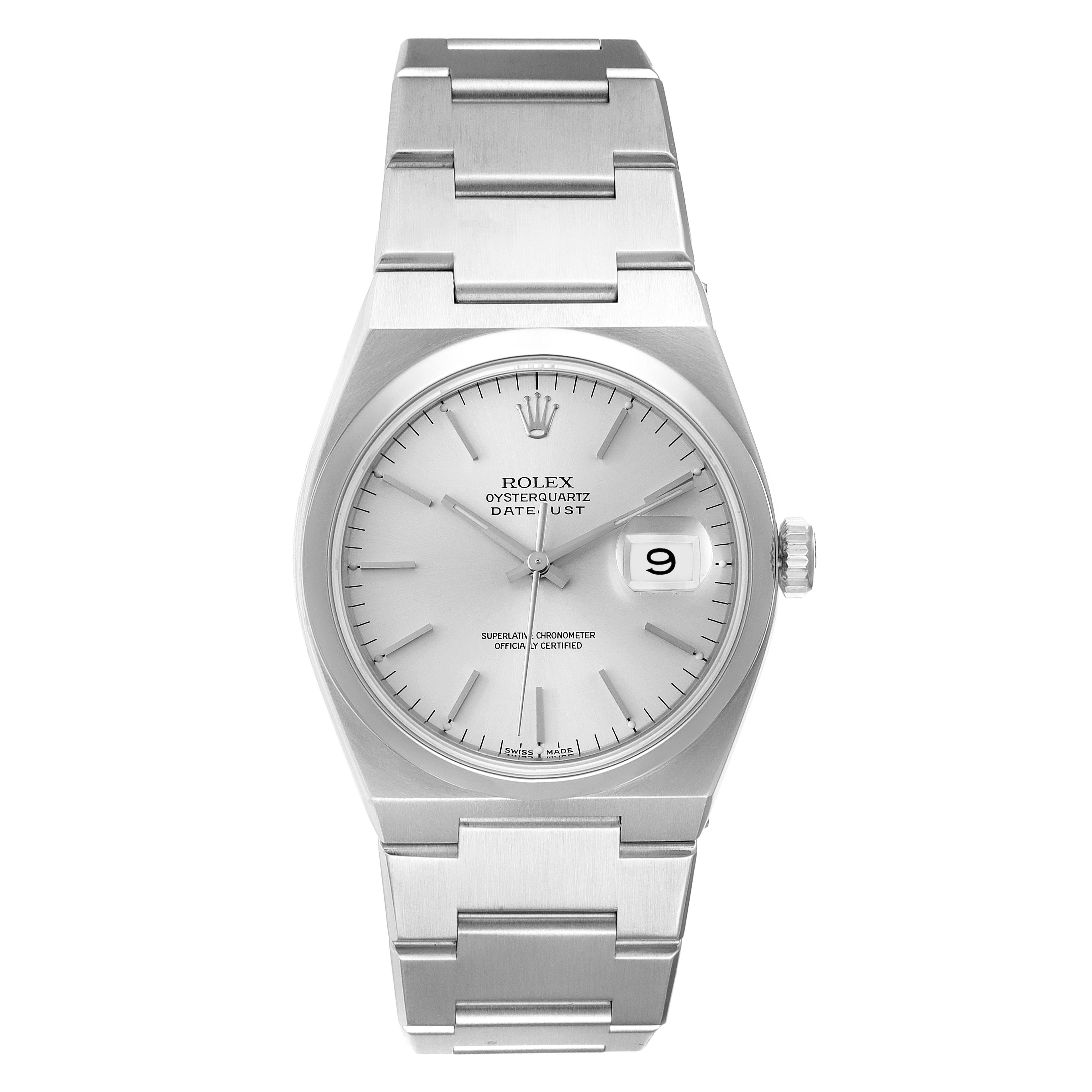 This image shows a front view of a Rolex Oysterquartz 17000 Men's Stainless Steel Silver Dial 17000 Men's Stainless Steel Silver Dial Datejust watch, featuring its dial, case, bracelet, and crown.