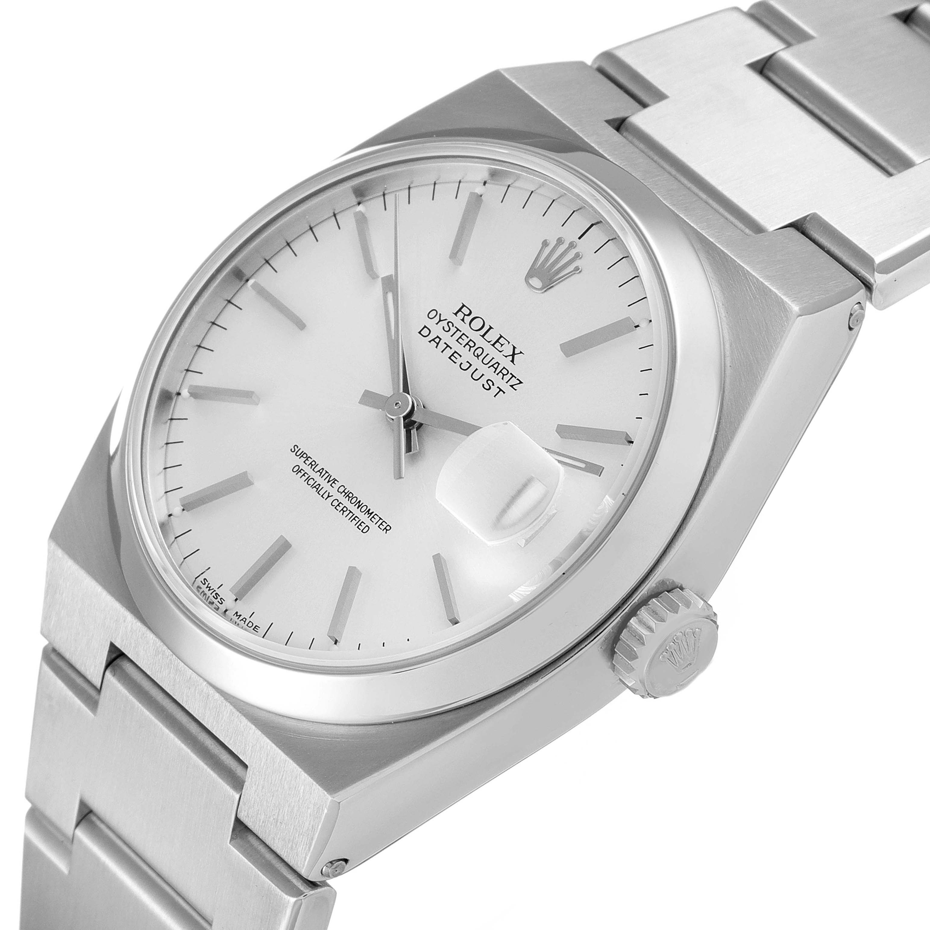 The Rolex Oysterquartz 17000 Men's Stainless Steel Silver Dial 17000 Men's Stainless Steel Silver Dial watch is shown at a slight angle, displaying its face, crown, and part of the bracelet.