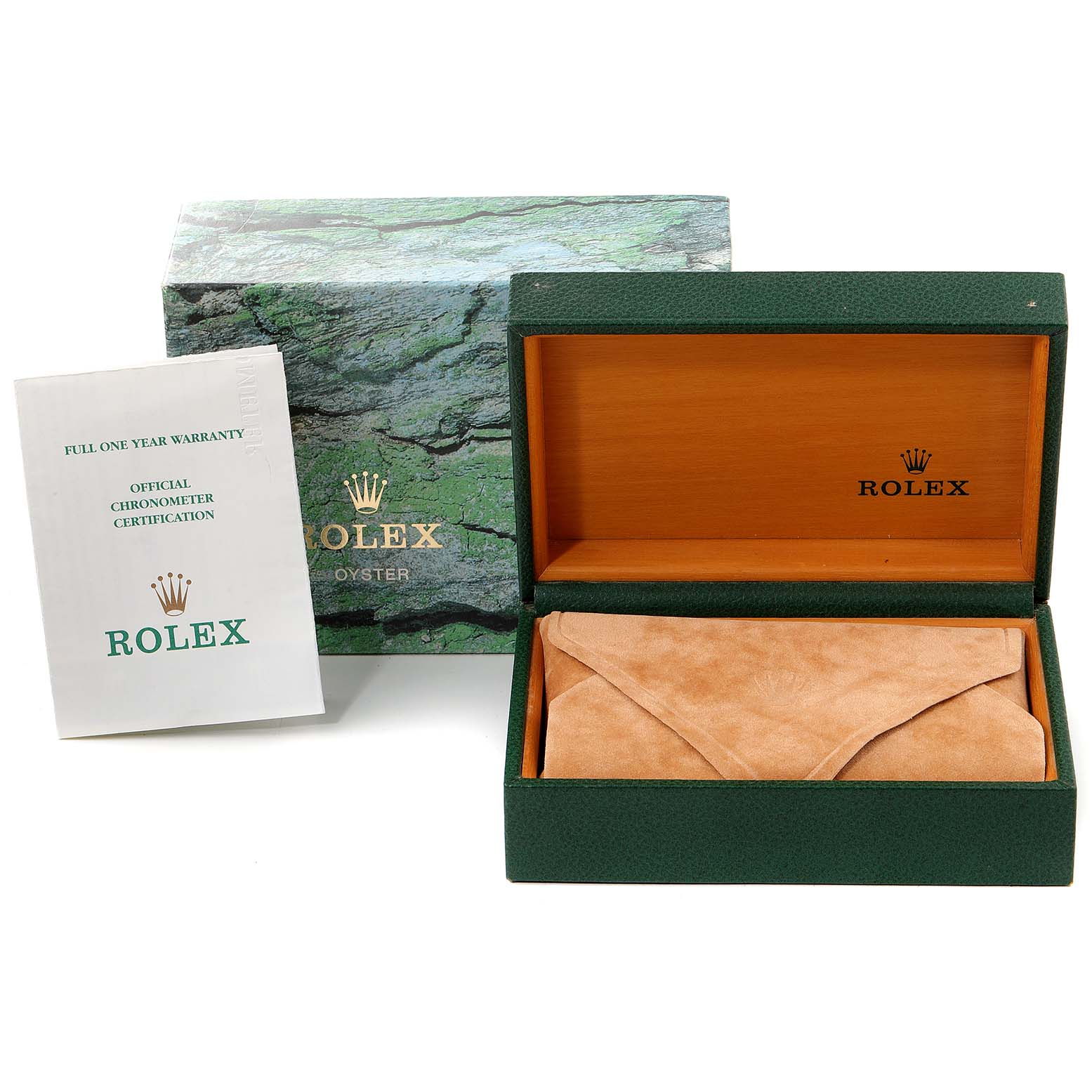 The image shows the packaging, a Rolex Oysterquartz 17000 Men's Stainless Steel Silver Dial 17000 Men's Stainless Steel Silver Dial box open with a leather pouch inside, and accompanying warranty and certification booklets.