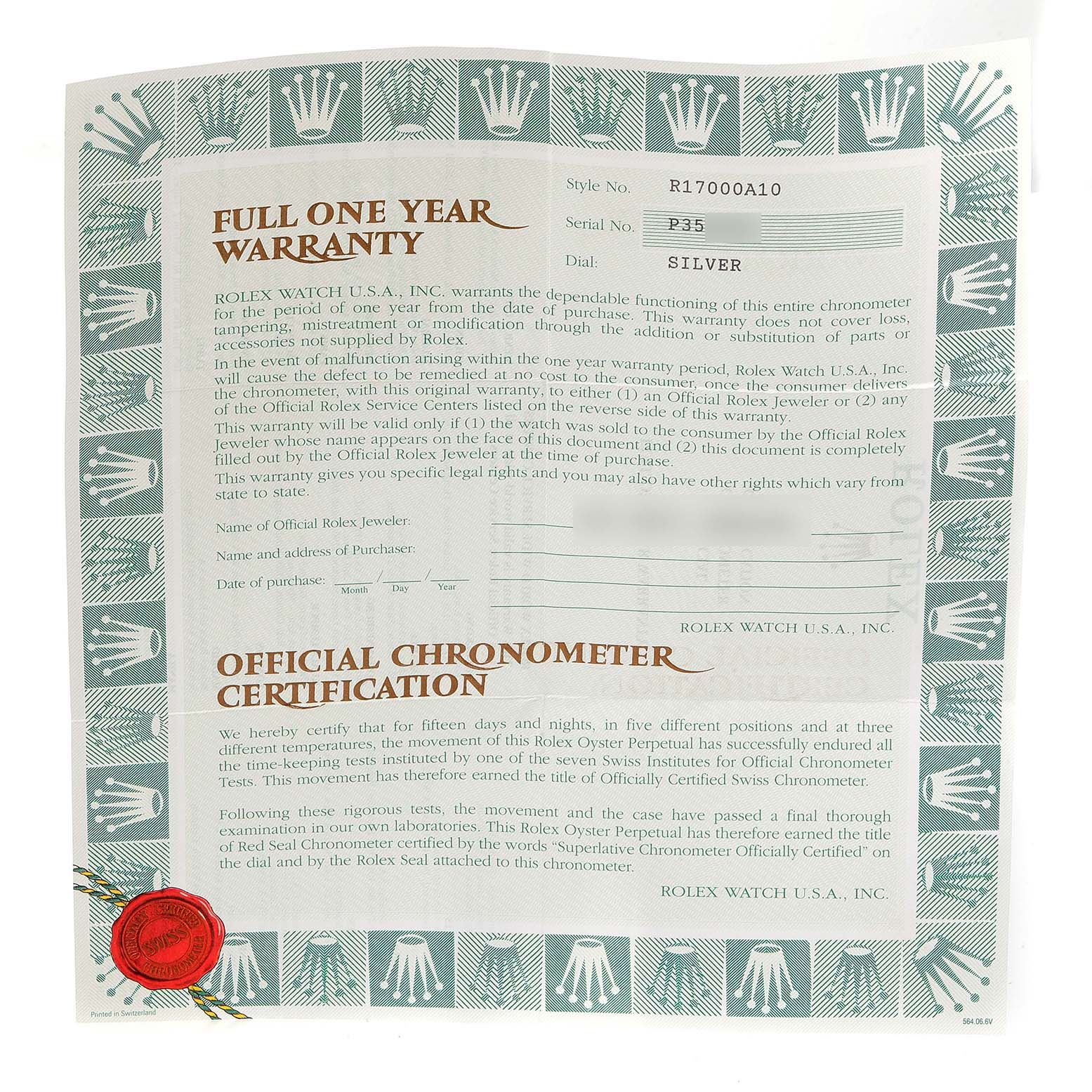 This image shows a warranty and certification document for a Rolex Oysterquartz 17000 Men's Stainless Steel Silver Dial 17000 Men's Stainless Steel Silver Dial watch, displaying text and official seals.