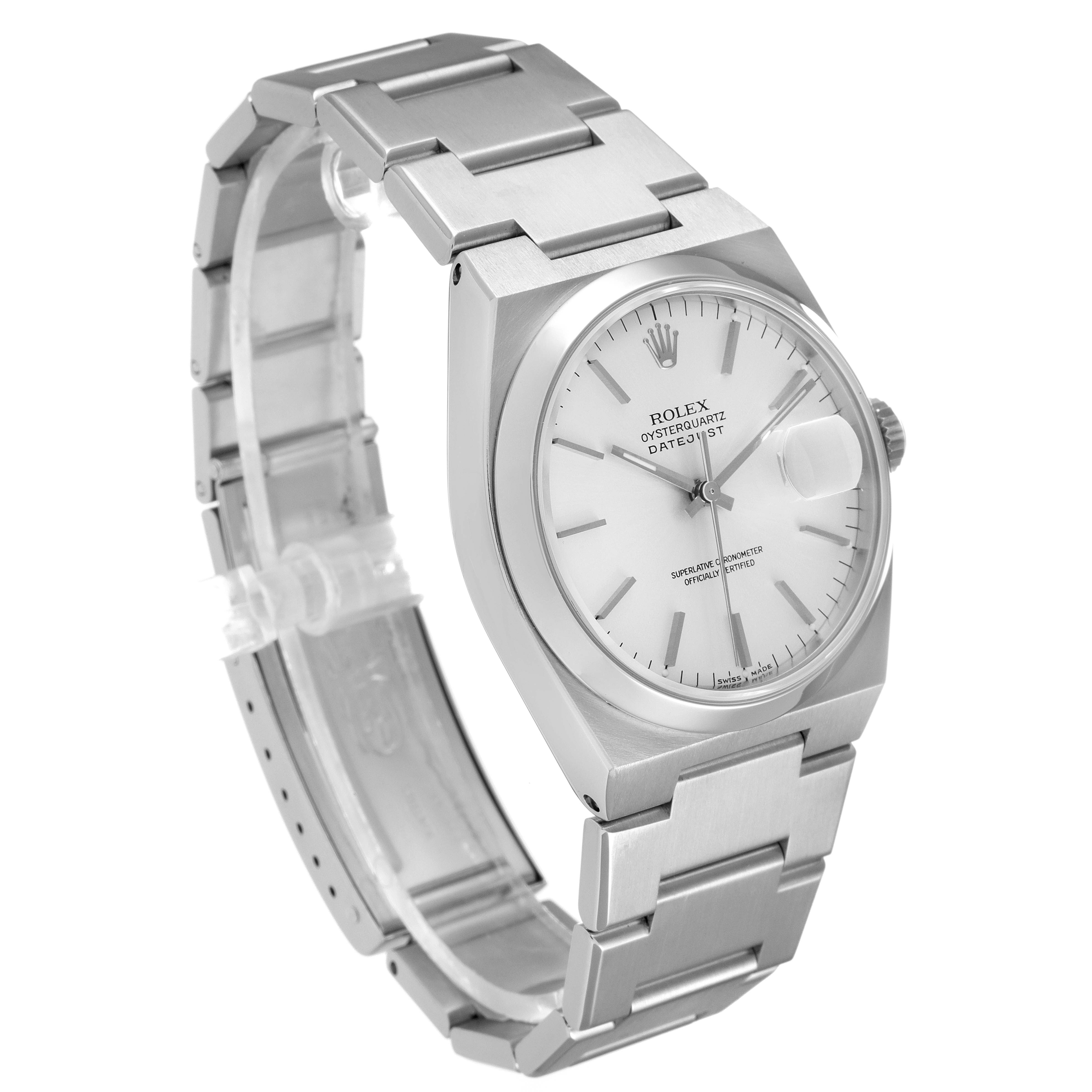 The image shows a side-angle view of a Rolex Oysterquartz 17000 Men's Stainless Steel Silver Dial 17000 Men's Stainless Steel Silver Dial watch, highlighting the watch face and metal bracelet.