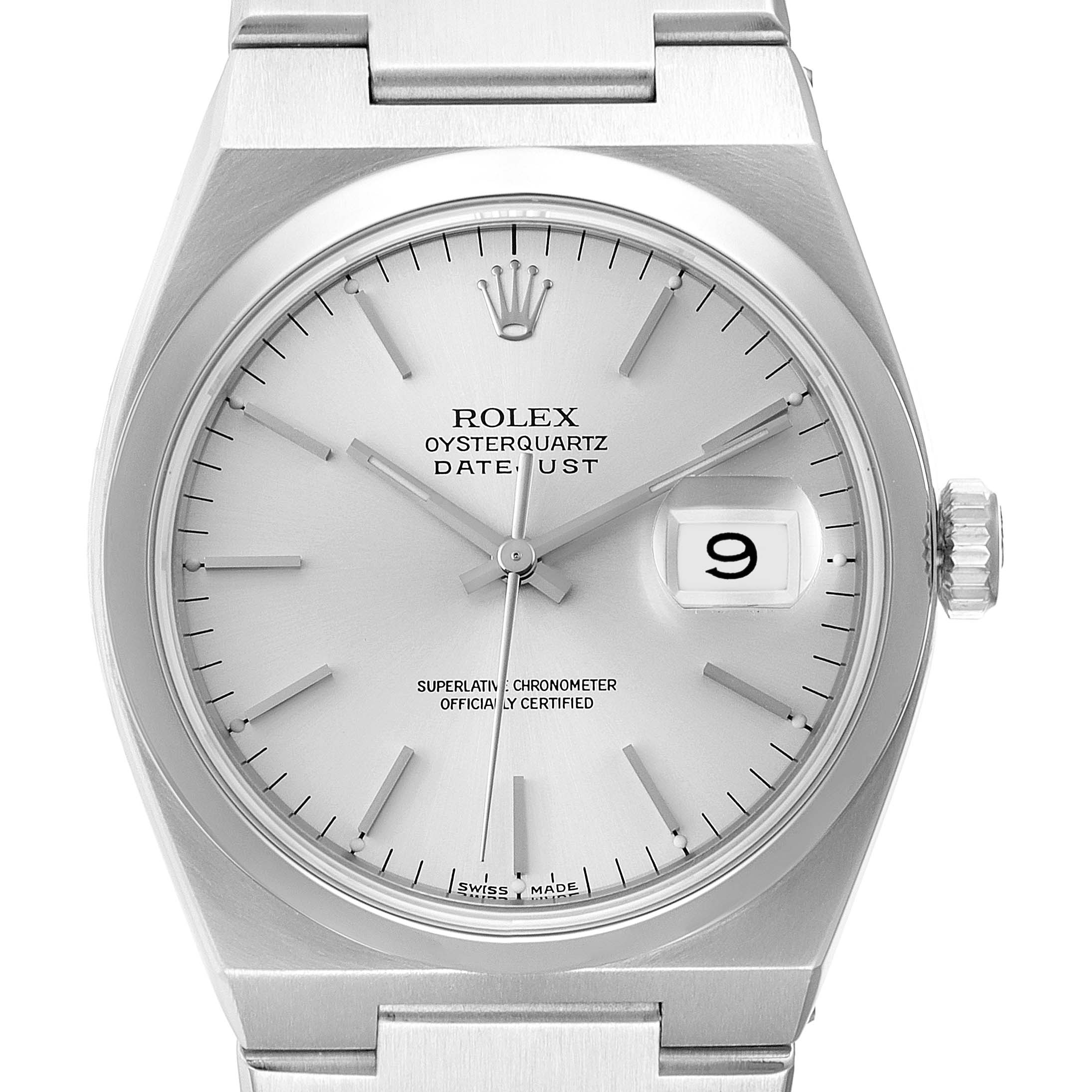The image shows a front-facing view of a Rolex Oysterquartz 17000 Men's Stainless Steel Silver Dial 17000 Men's Stainless Steel Silver Dial watch, capturing its dial, hands, crown, and part of the bracelet.