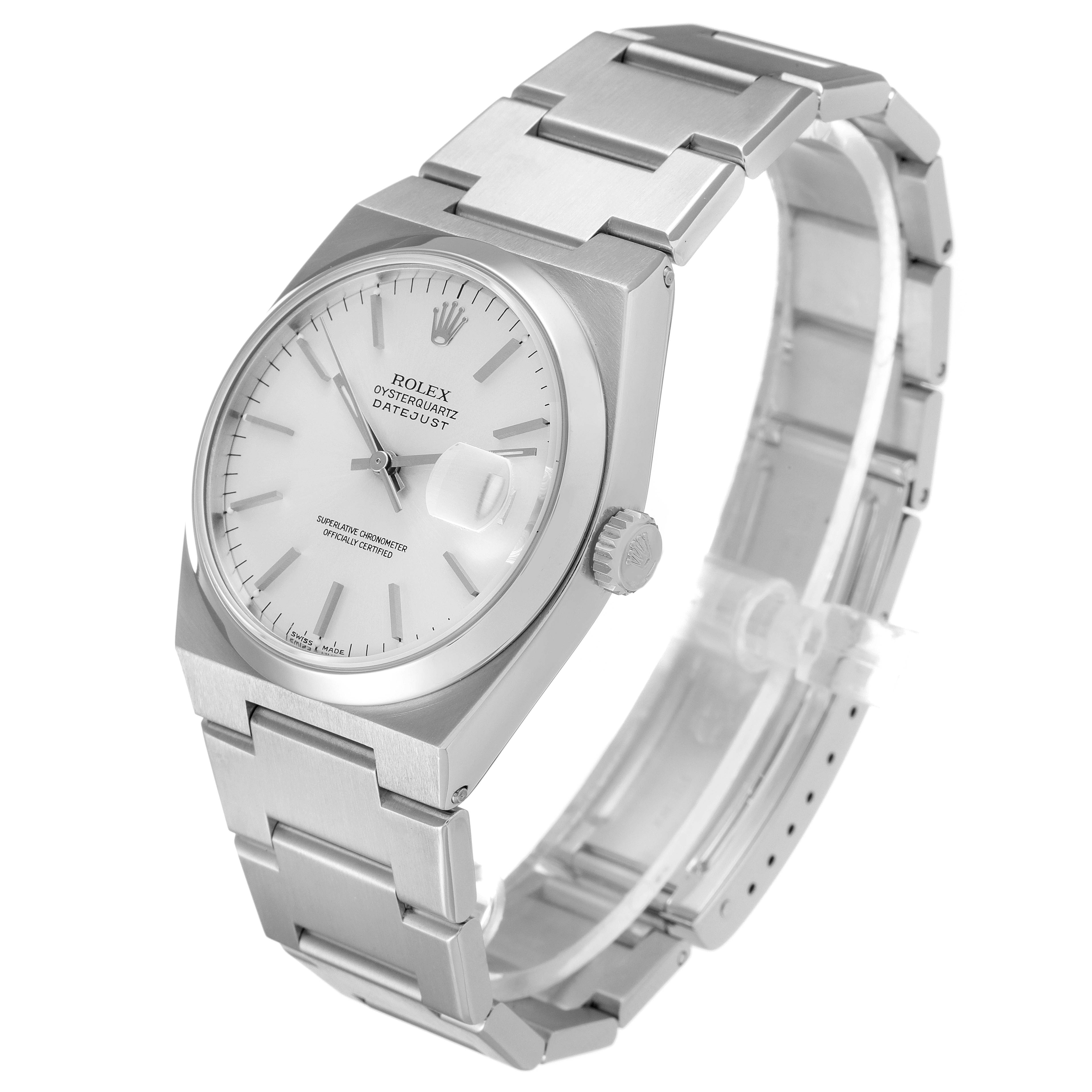The image shows a Rolex Oysterquartz 17000 Men's Stainless Steel Silver Dial 17000 Men's Stainless Steel Silver Dial Datejust wristwatch at a three-quarter angle, showcasing the dial, bracelet, and crown.