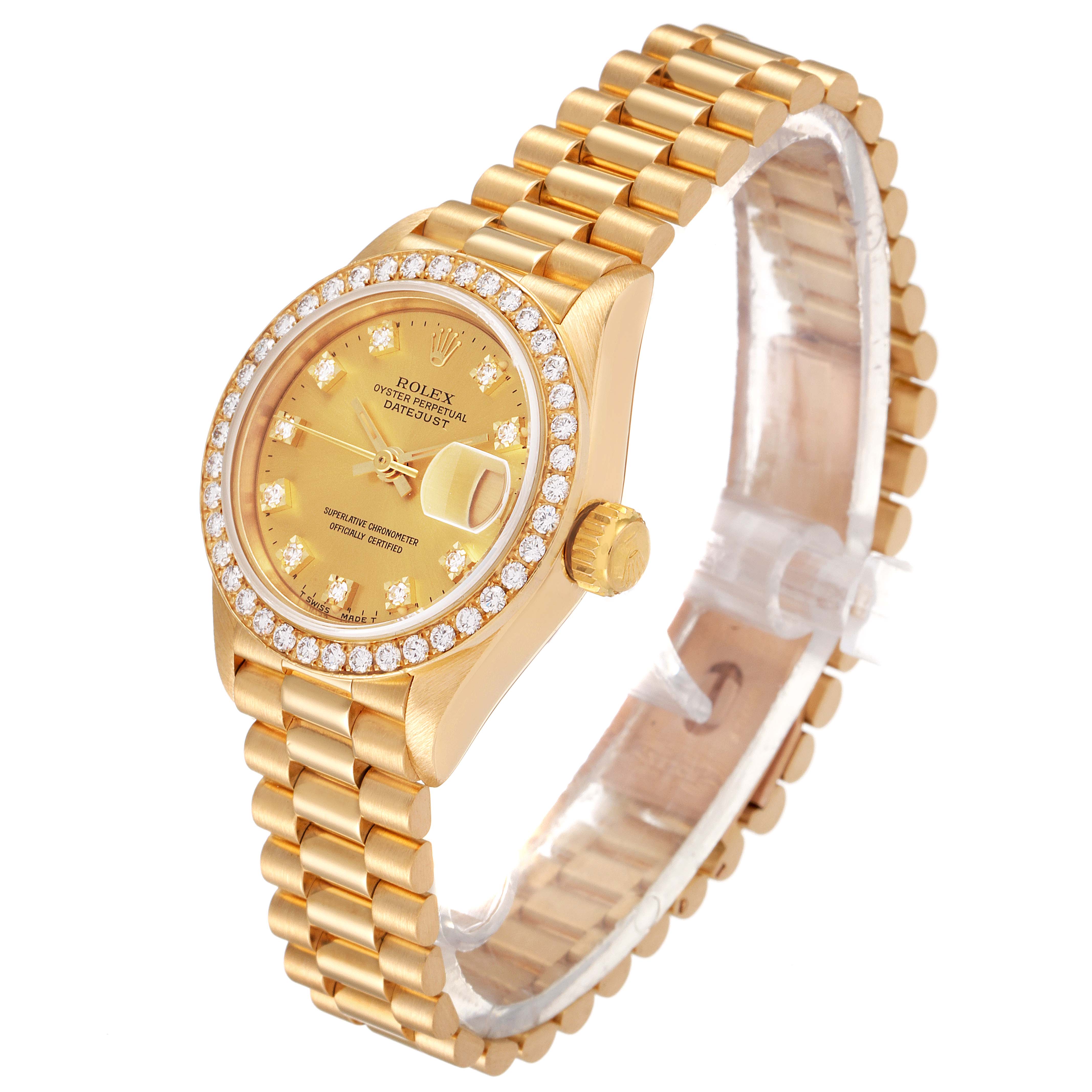 The Rolex President 69138 Women's Yellow Gold Champagne Dial 69138 Women's Yellow Gold Champagne Dial watch is shown at an angle highlighting the watch face, bezel, and band.