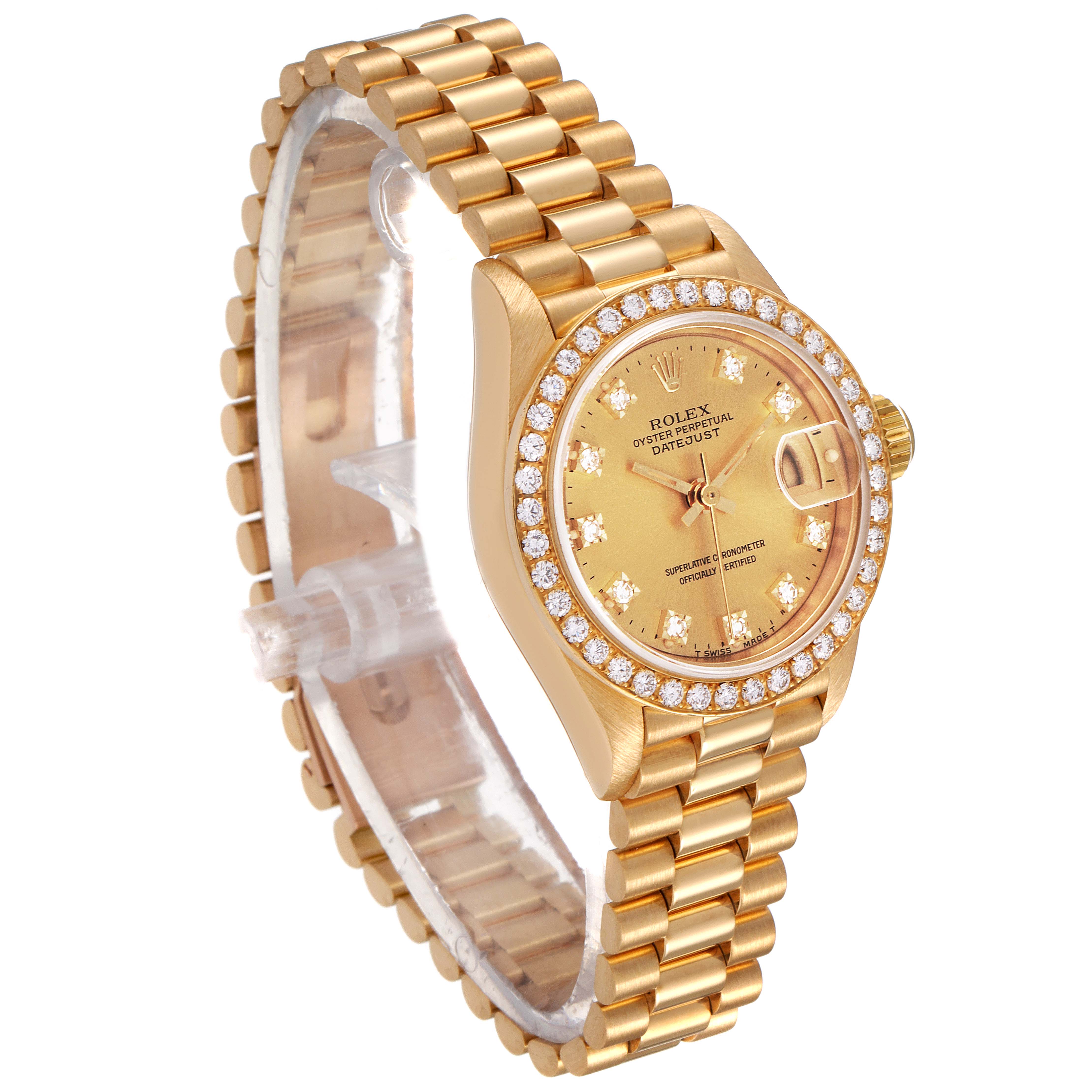 This image shows a Rolex President 69138 Women's Yellow Gold Champagne Dial 69138 Women's Yellow Gold Champagne Dial watch at a three-quarter angle, revealing the dial, bezel, case, and bracelet.