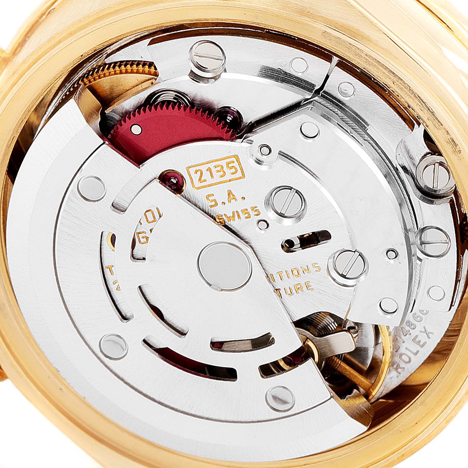 This close-up image shows the intricate mechanical movement of the Rolex President 69138 Women's Yellow Gold Champagne Dial 69138 Women's Yellow Gold Champagne Dial model watch.