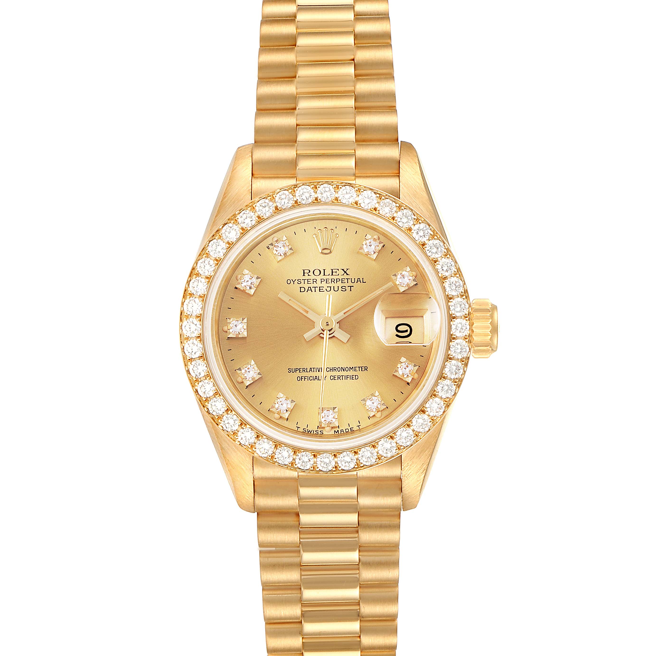 The image shows a front view of a Rolex President 69138 Women's Yellow Gold Champagne Dial 69138 Women's Yellow Gold Champagne Dial model watch with a gold dial, diamond bezel, and gold bracelet.