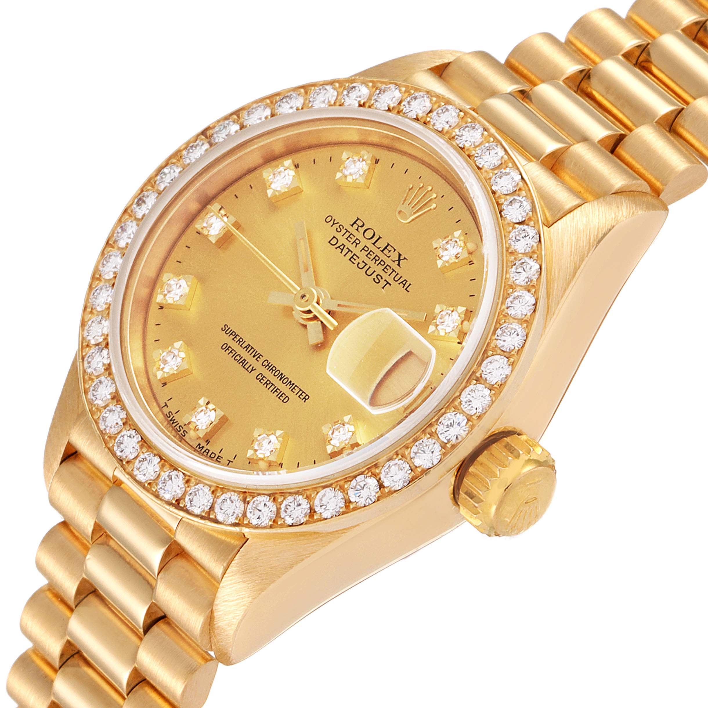 The image shows a Rolex President 69138 Women's Yellow Gold Champagne Dial 69138 Women's Yellow Gold Champagne Dial model watch from an angle displaying the dial, bezel, crown, and part of the bracelet.
