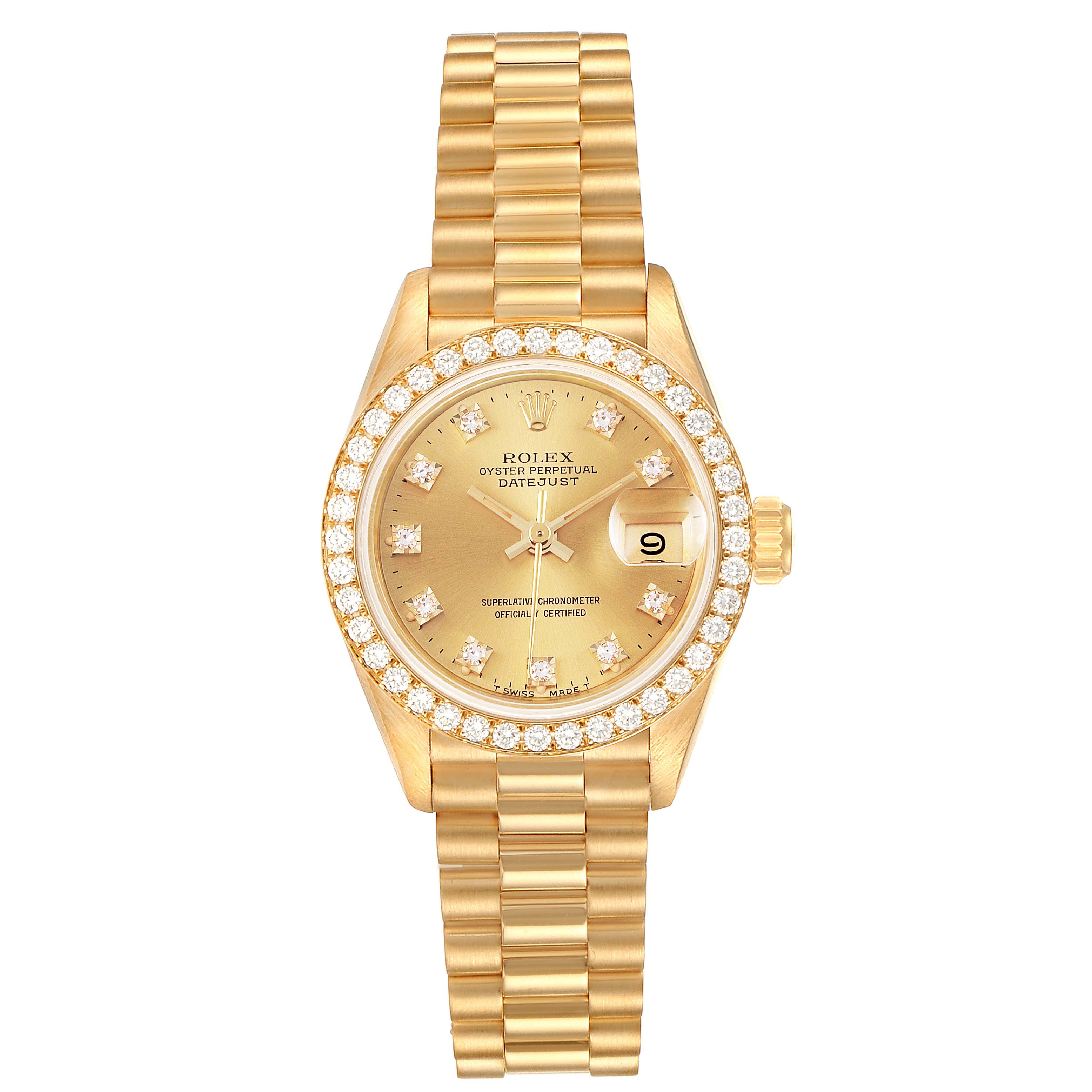 The image shows a frontal view of a Rolex President 69138 Women's Yellow Gold Champagne Dial 69138 Women's Yellow Gold Champagne Dial model watch, displaying its gold dial, diamond bezel, and bracelet.