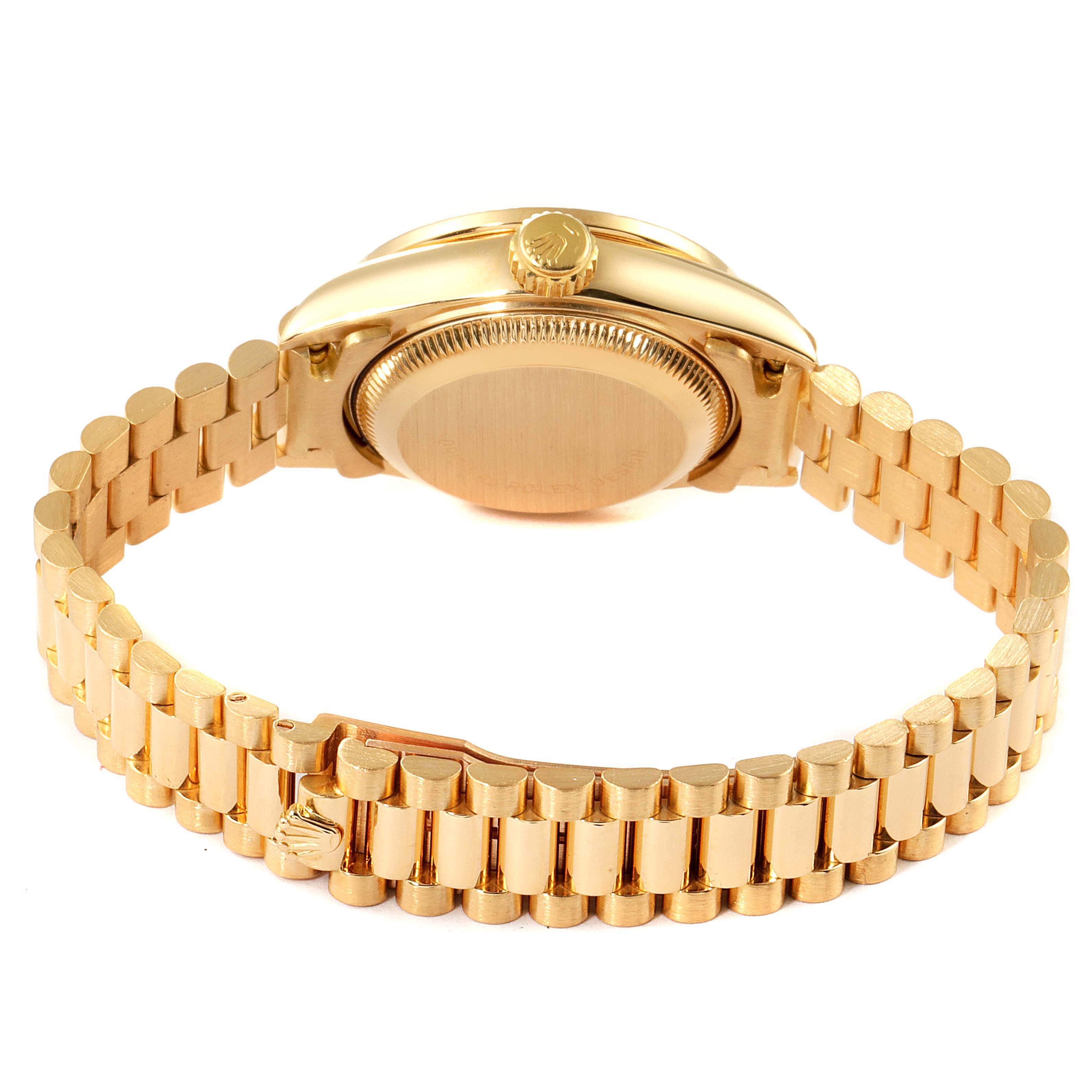 The image shows the backside and bracelet of the Rolex President 69138 Women's Yellow Gold Champagne Dial 69138 Women's Yellow Gold Champagne Dial model watch in a gold finish.