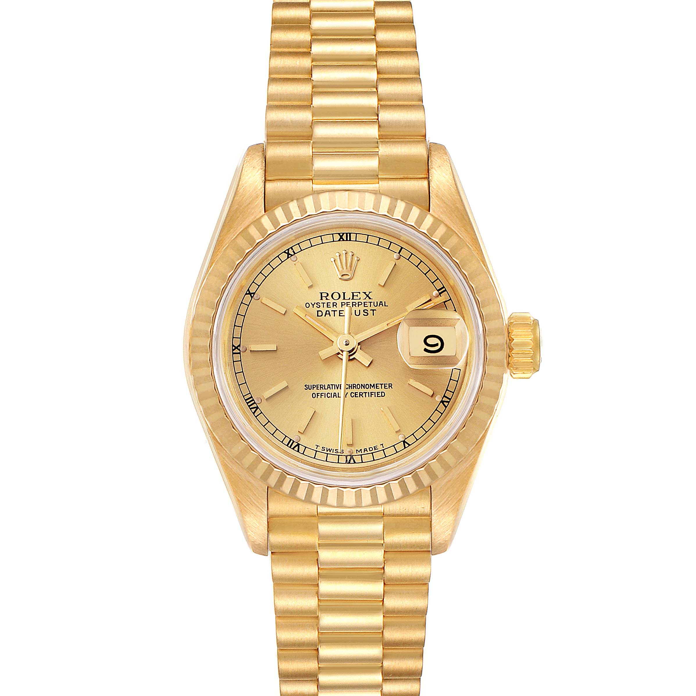 The image shows a front view of the Rolex President 69178 Women
s Yellow Gold Champagne Dial 69178 Women
s Yellow Gold Champagne Dial model watch, displaying the dial, bezel, crown, and bracelet.