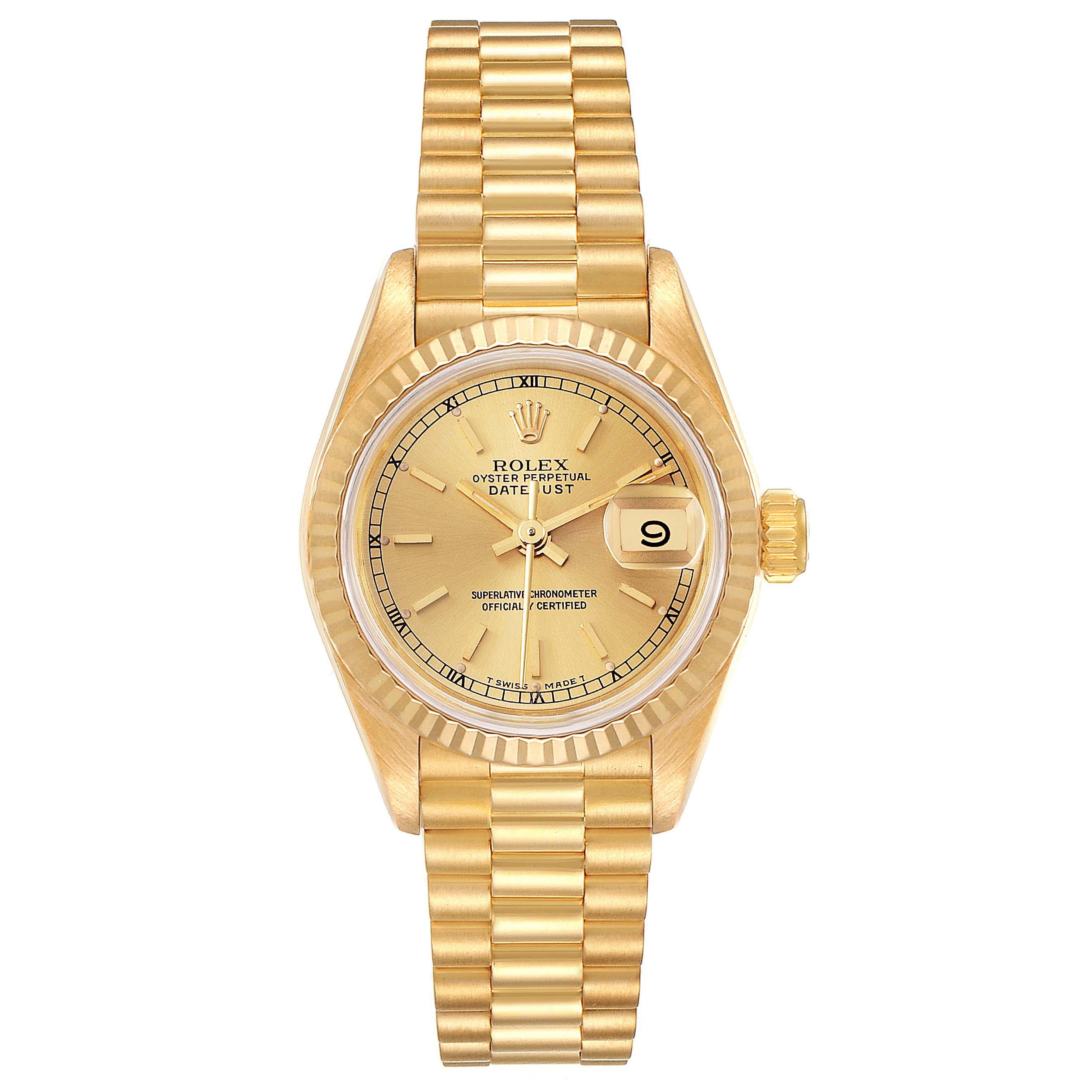 The Rolex President 69178 Women
s Yellow Gold Champagne Dial 69178 Women
s Yellow Gold Champagne Dial watch is shown from a top-down angle, displaying its face, bracelet, and date window.