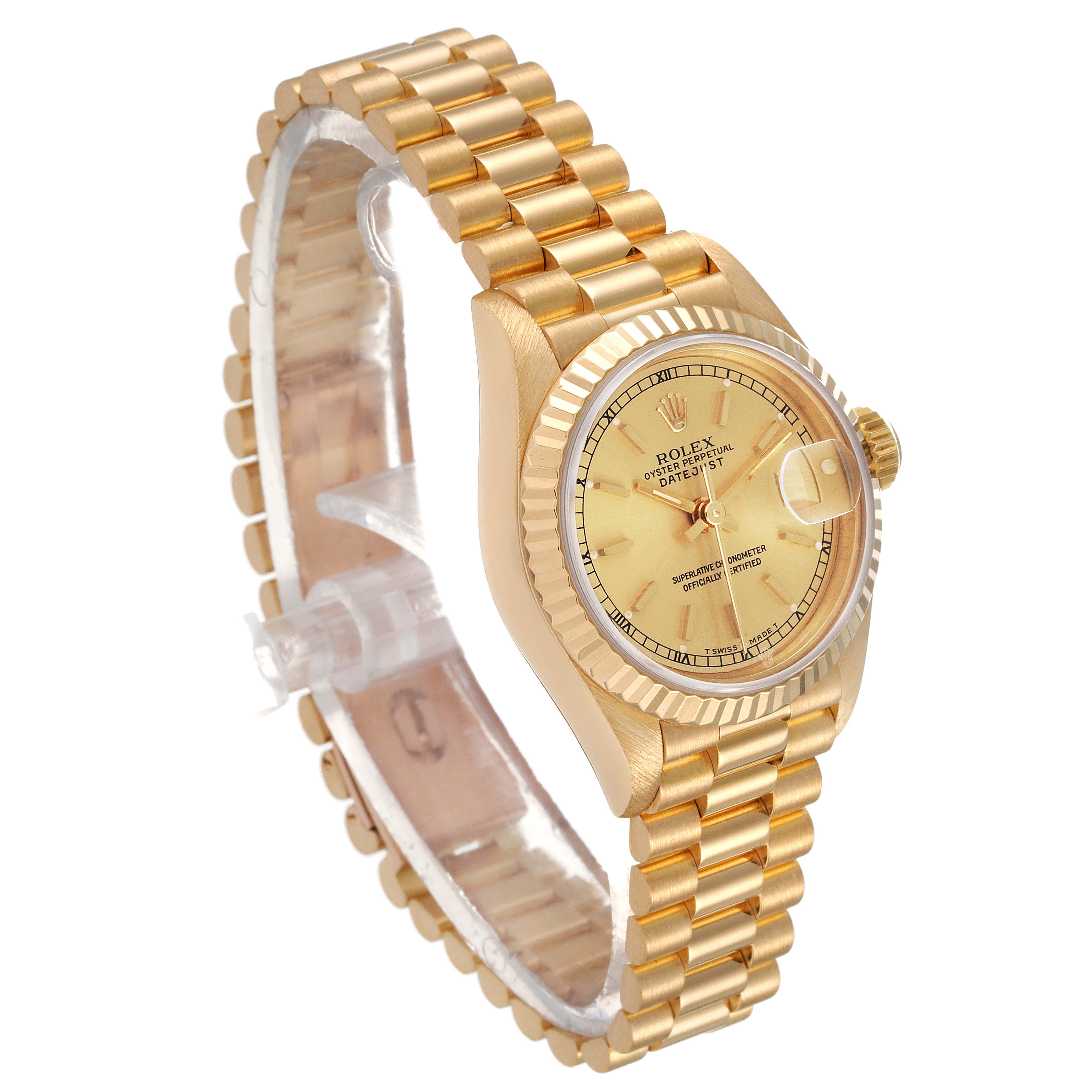 The Rolex President 69178 Women
s Yellow Gold Champagne Dial 69178 Women
s Yellow Gold Champagne Dial model watch is shown at a slight angle, displaying its gold case, fluted bezel, dial, and the President bracelet.