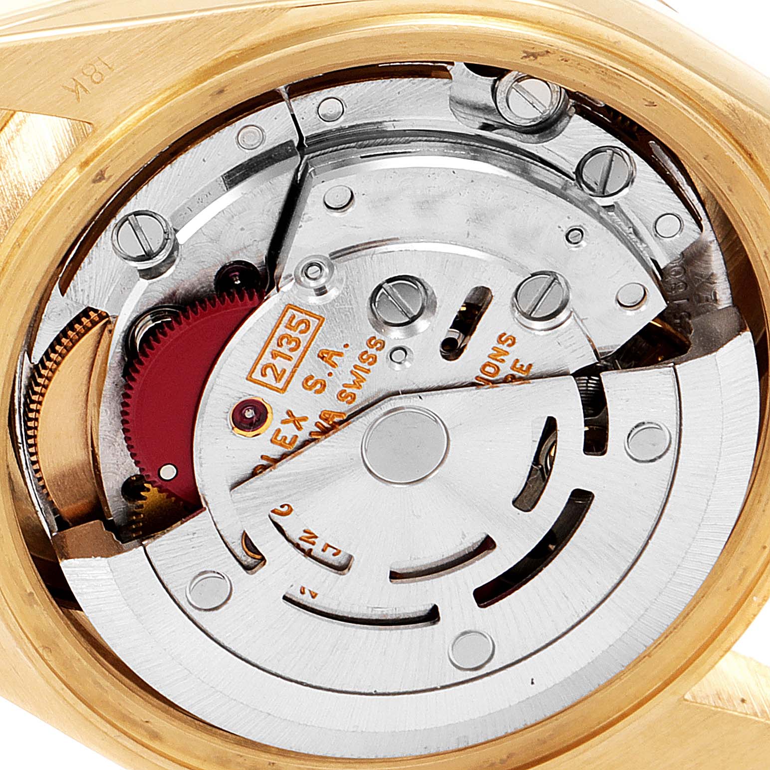 The image shows an overhead view of the internal mechanical movement of a Rolex President 69178 Women
s Yellow Gold Champagne Dial 69178 Women
s Yellow Gold Champagne Dial model watch.