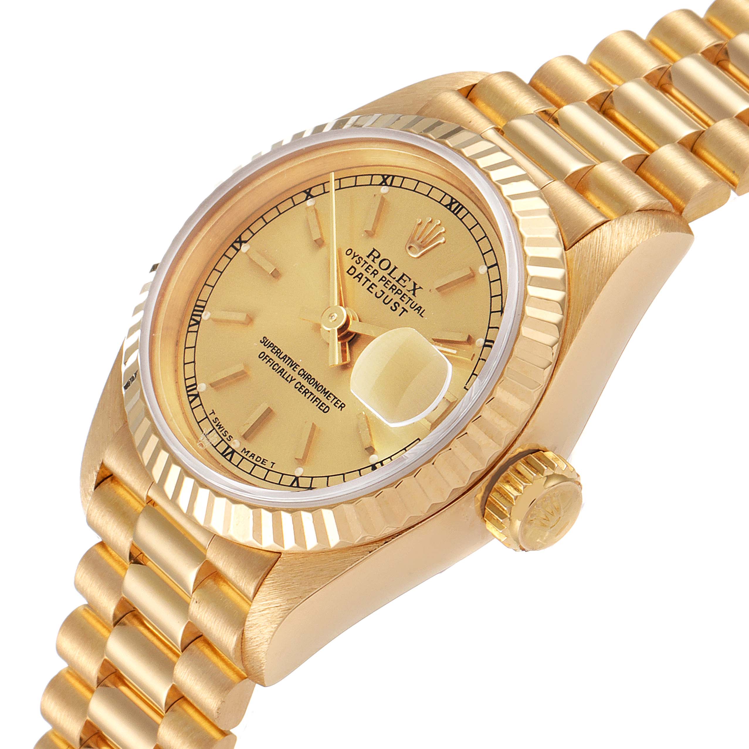 The image shows a President model Rolex watch from a slightly angled side view, highlighting the dial, bezel, crown, and bracelet.