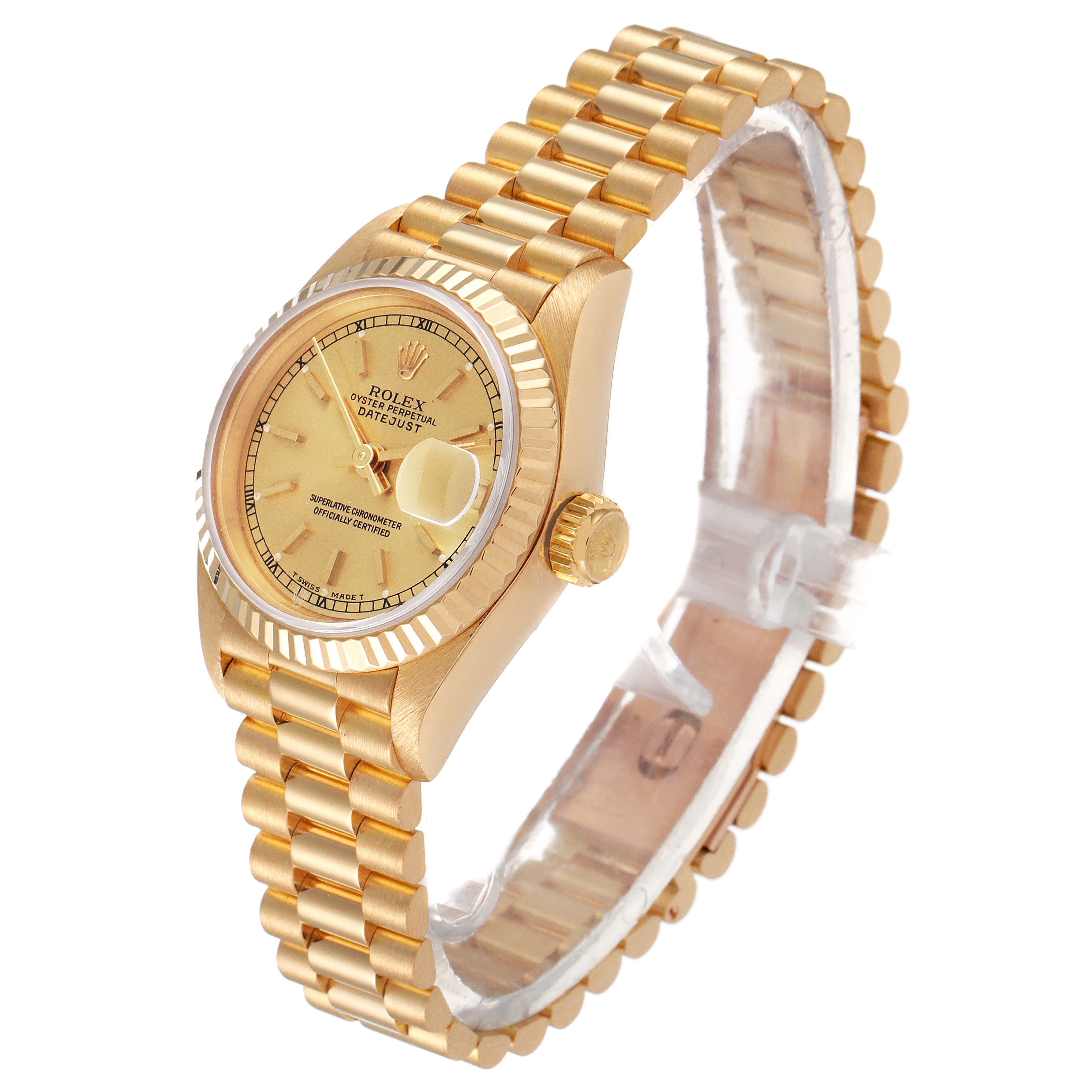 The image shows a Rolex President 69178 Women
s Yellow Gold Champagne Dial 69178 Women
s Yellow Gold Champagne Dial model watch at a three-quarter angle, highlighting its gold case, dial, crown, and bracelet.
