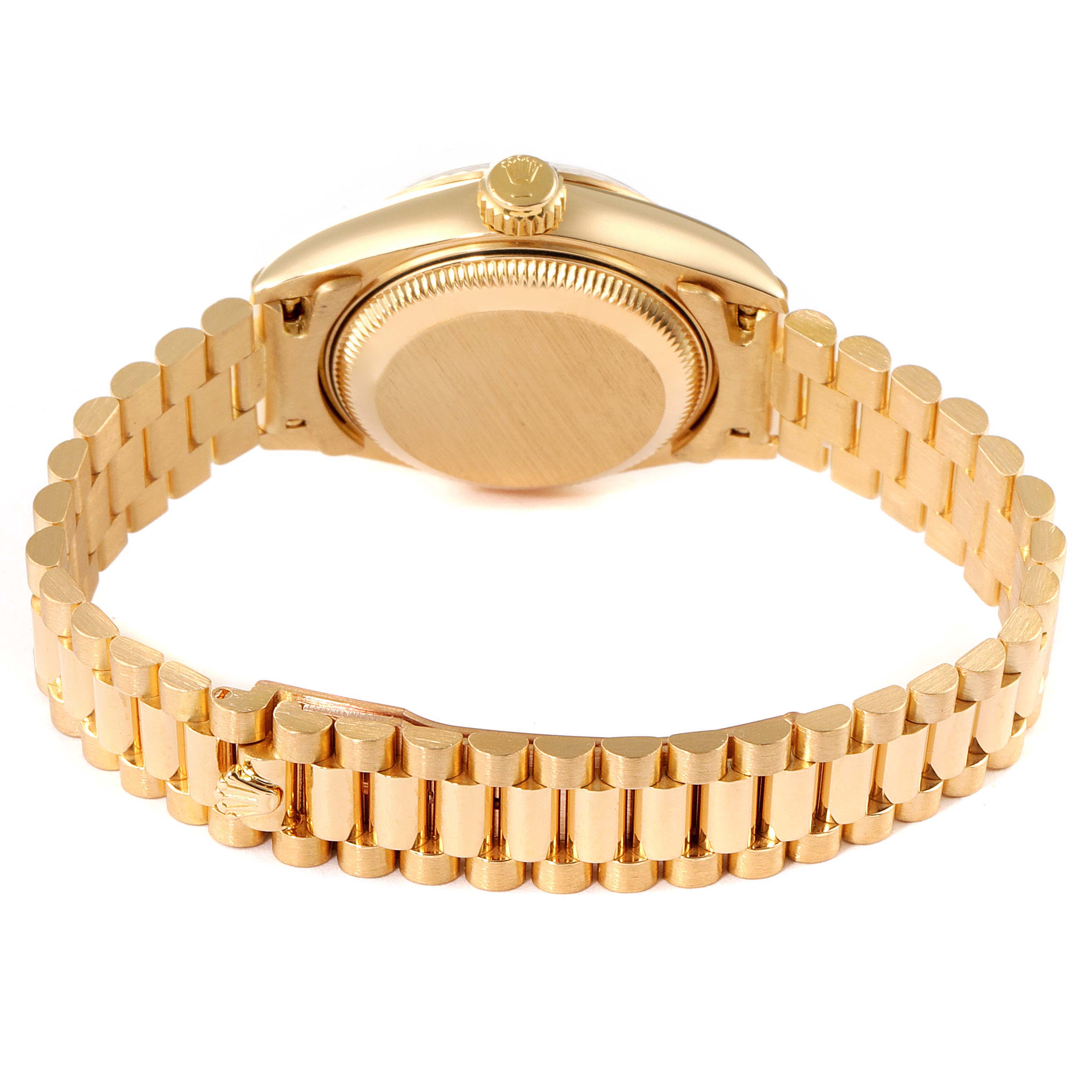 This image shows the backside and bracelet of a Rolex President 69178 Women
s Yellow Gold Champagne Dial 69178 Women
s Yellow Gold Champagne Dial model watch.