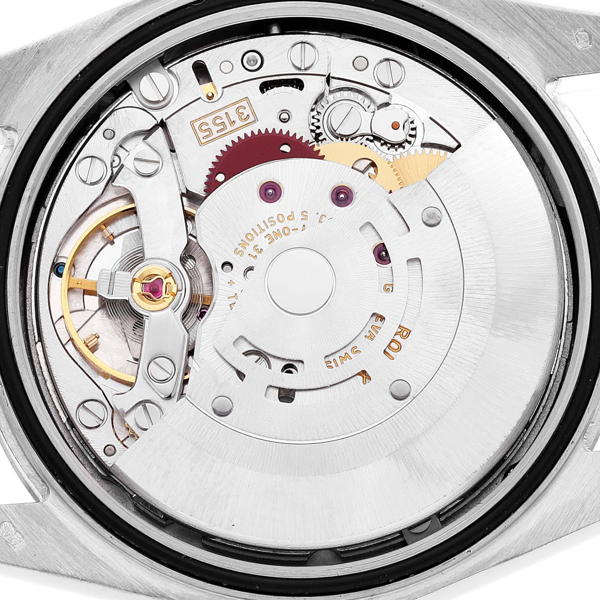 This image shows the internal mechanism and movement components of a Rolex President 118339 Men's White Gold Black Dial 118339 Men's White Gold Black Dial model watch viewed from the back.