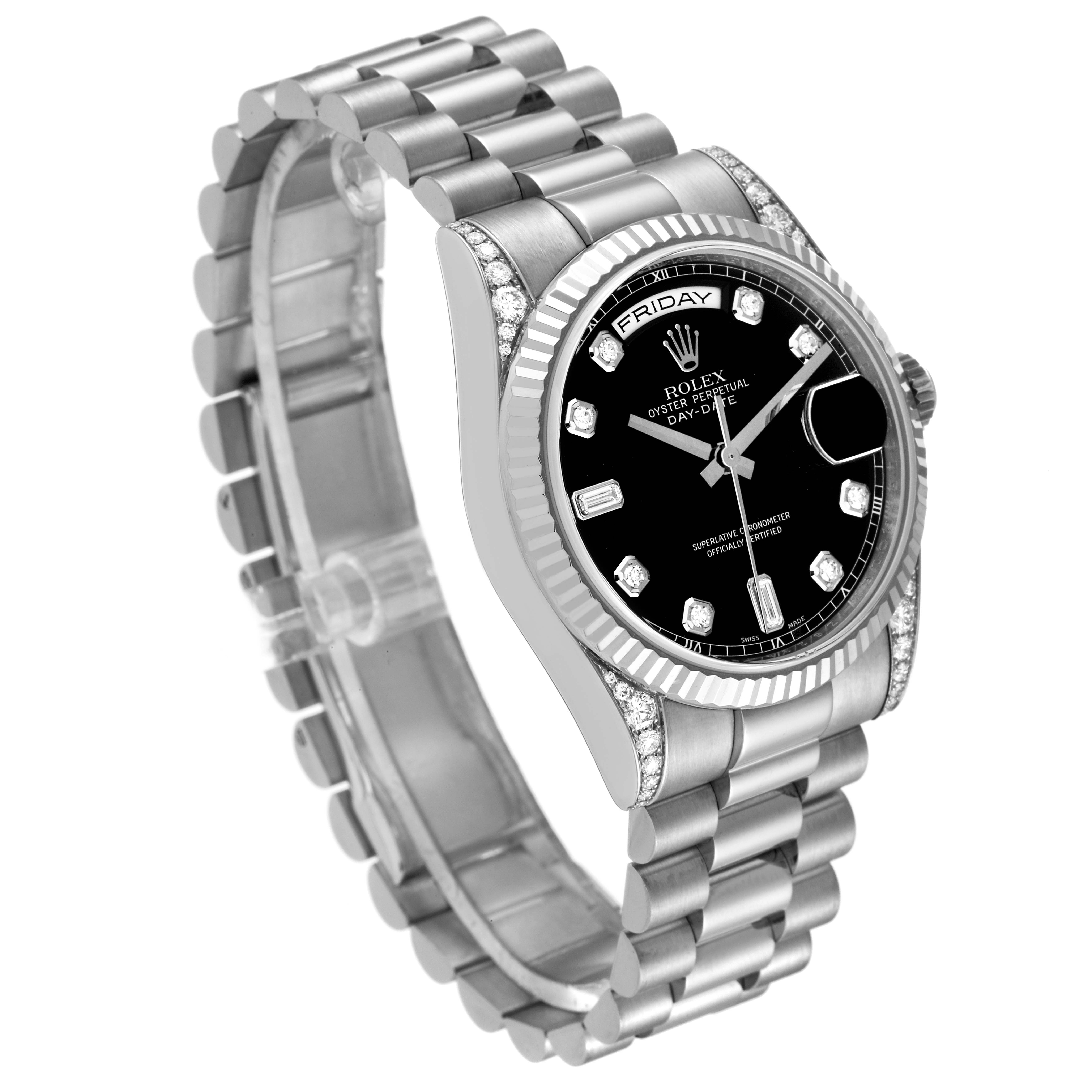 This image shows a Rolex President 118339 Men's White Gold Black Dial 118339 Men's White Gold Black Dial model watch from a three-quarter front angle, highlighting its band, dial, and bezel.