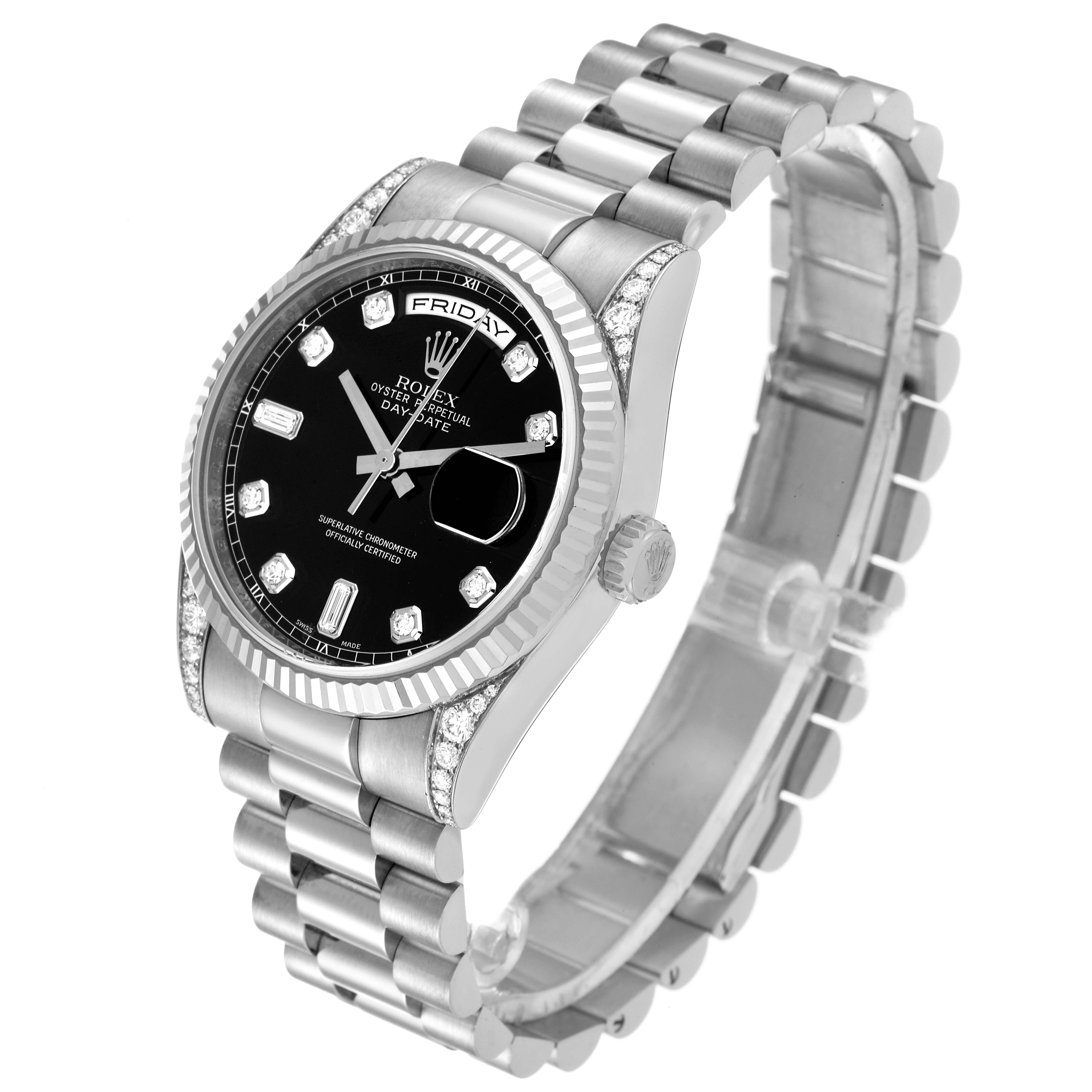 The image shows a Rolex President 118339 Men's White Gold Black Dial 118339 Men's White Gold Black Dial model watch at an angled side view, displaying its bracelet, dial, bezel, and crown.