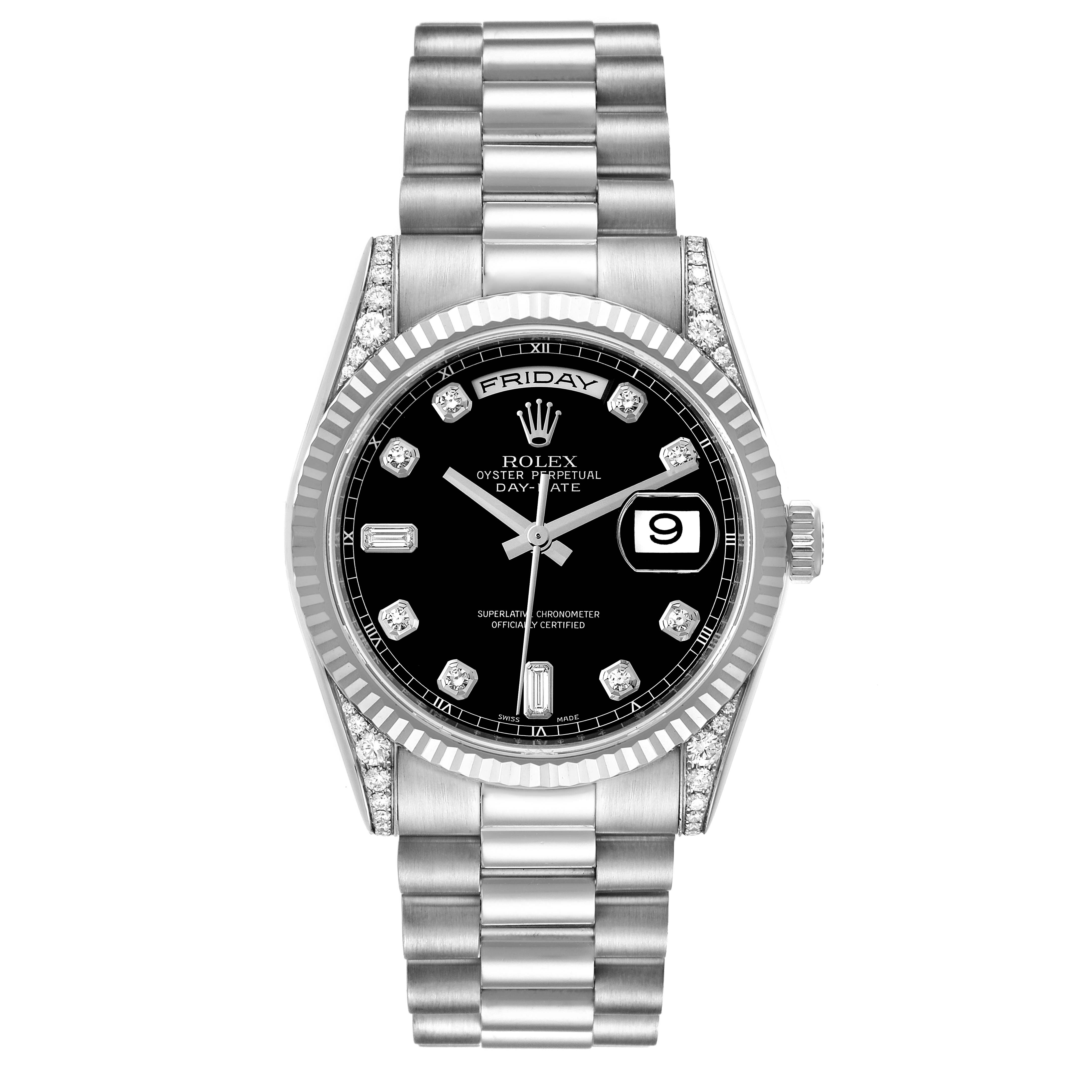 This image shows a frontal view of a Rolex President 118339 Men's White Gold Black Dial 118339 Men's White Gold Black Dial model watch, featuring a black dial, diamond indices, and a day-date display.