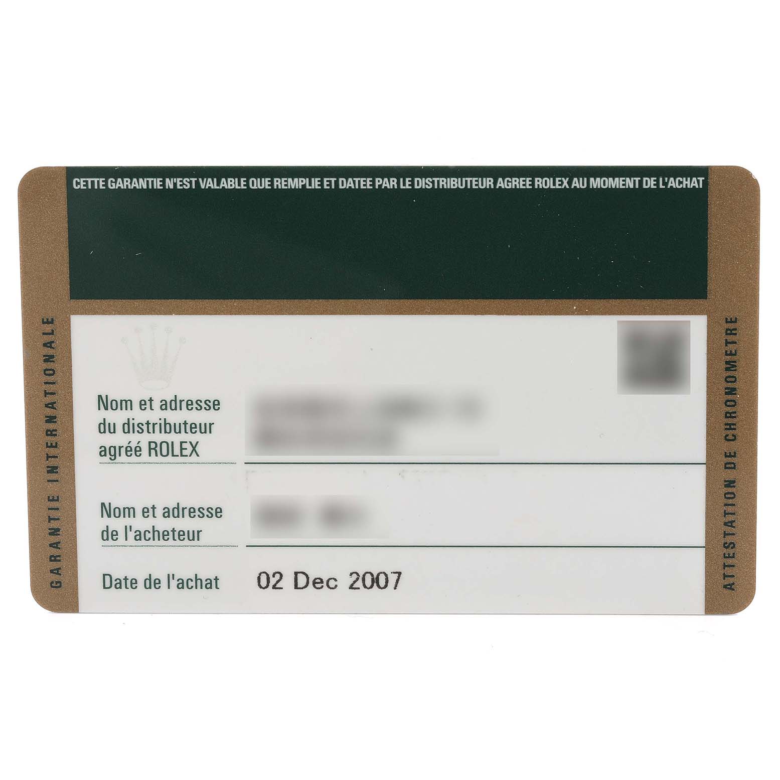 The image shows the warranty card for a Rolex President 118339 Men's White Gold Black Dial 118339 Men's White Gold Black Dial model watch, dated 02 Dec 2007.