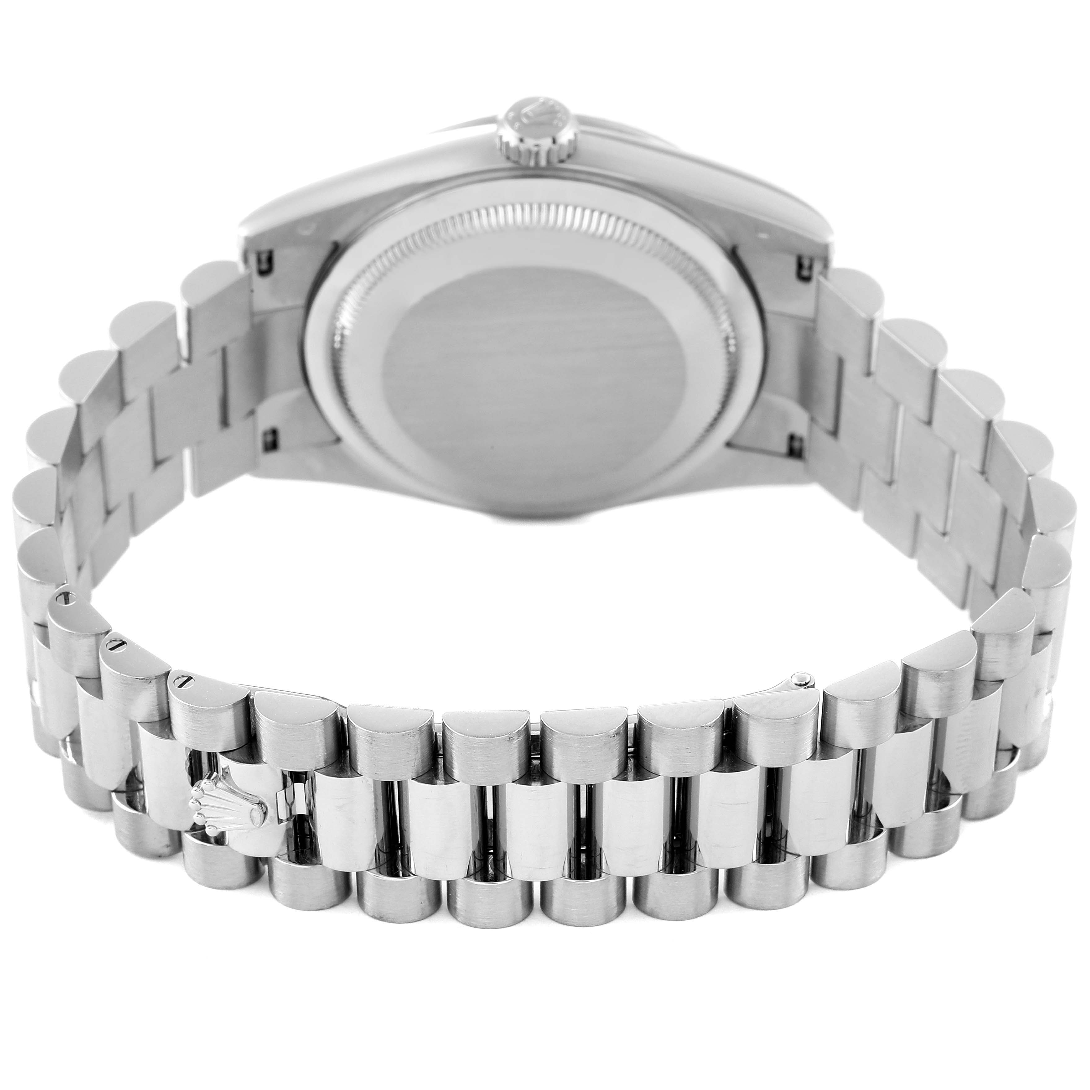 The image shows the back angle of a Rolex President 118339 Men's White Gold Black Dial 118339 Men's White Gold Black Dial model, highlighting the case back and the full bracelet.