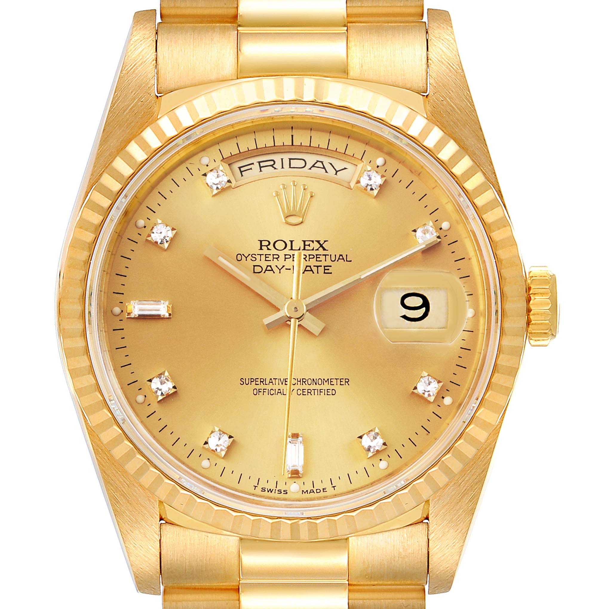 This image shows a frontal view of a Rolex President 18238 Men's Yellow Gold Champagne Dial 18238 Men's Yellow Gold Champagne Dial model watch, highlighting its dial, bezel, and part of the bracelet.