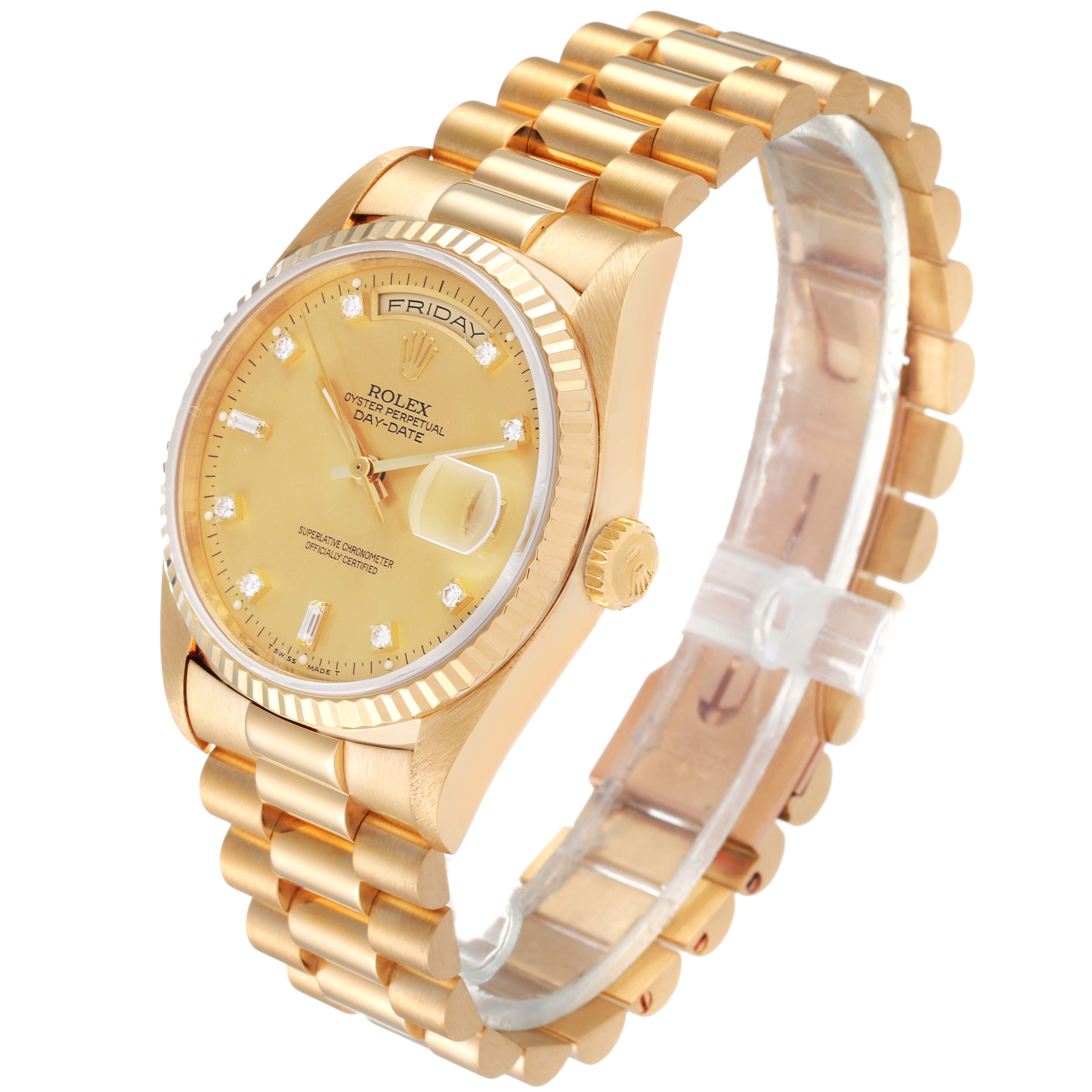 The image shows a Rolex President 18238 Men's Yellow Gold Champagne Dial 18238 Men's Yellow Gold Champagne Dial model watch at a 3/4 angle, highlighting the face, bracelet, and crown.