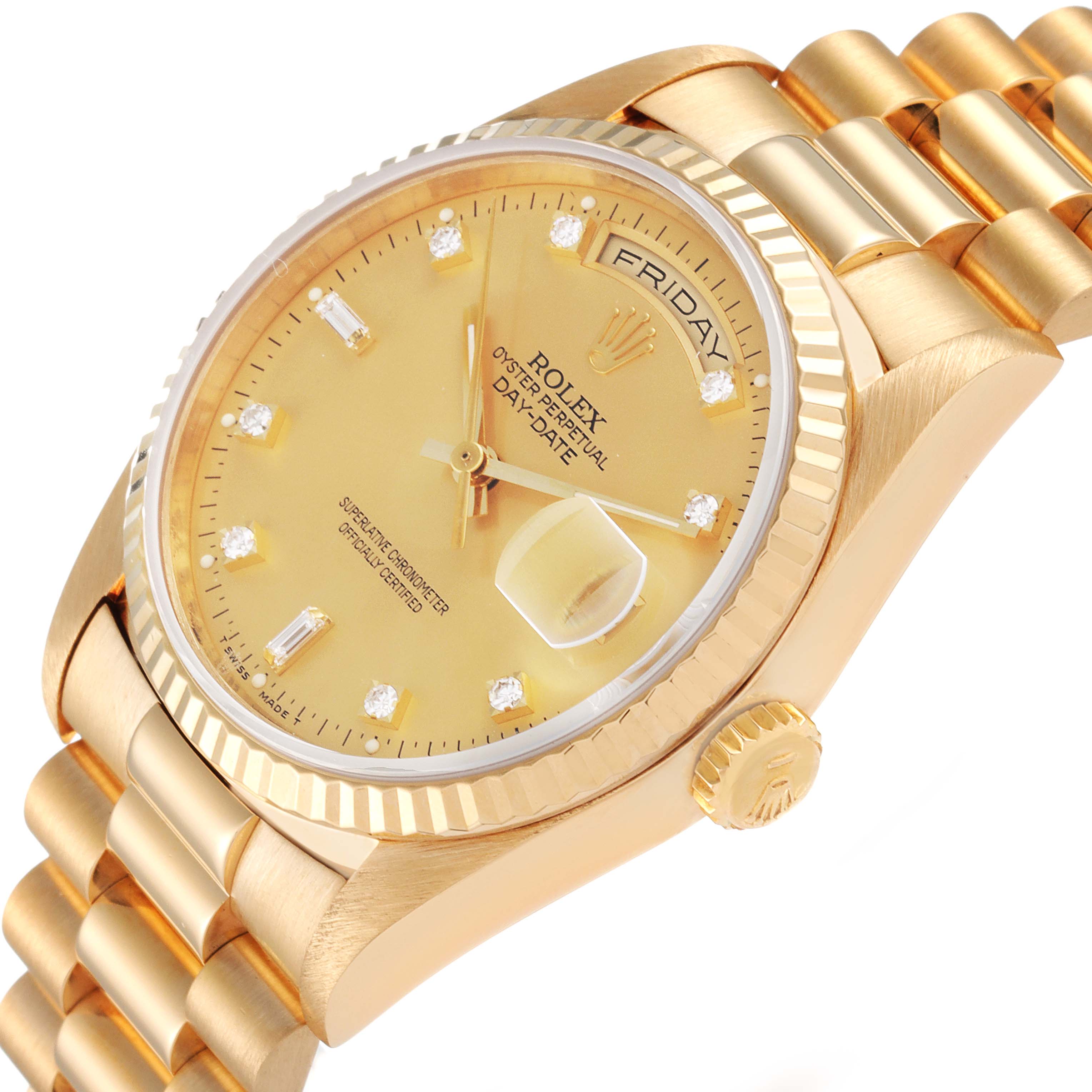 This image shows a close-up of the dial, case, and bracelet of the Rolex President 18238 Men's Yellow Gold Champagne Dial 18238 Men's Yellow Gold Champagne Dial model watch at a slight angle.