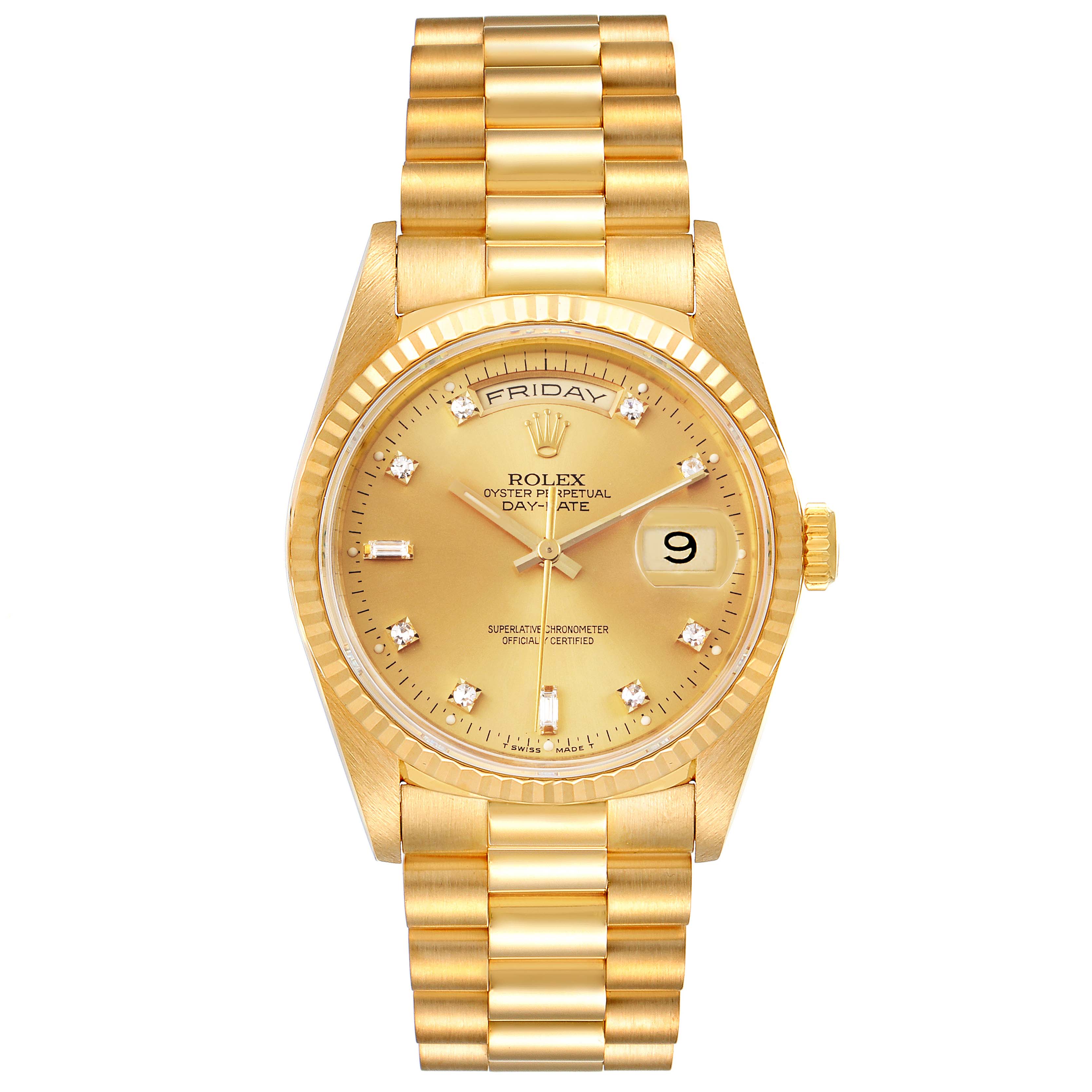 This image shows a front view of a Rolex President 18238 Men's Yellow Gold Champagne Dial 18238 Men's Yellow Gold Champagne Dial model watch, highlighting its gold case, bracelet, and diamond hour markers.